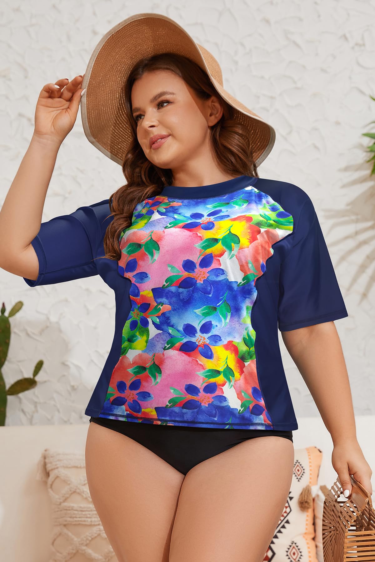 SHEKINI Camiseta de Natación con Protección Solar para Mujer Camiseta de Surf de Manga Corta Traje de Baño Superior Talla Grande