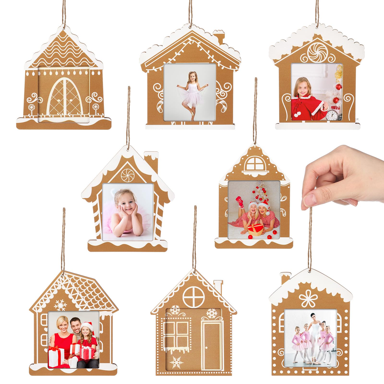 Namalu 8 Pcs Mini Gingerbread House Picture Frame Ornament Wooden Christmas Frame Hanging Ornaments Xmas Photo Frames for DIY Holiday Presents and Tree Decoration