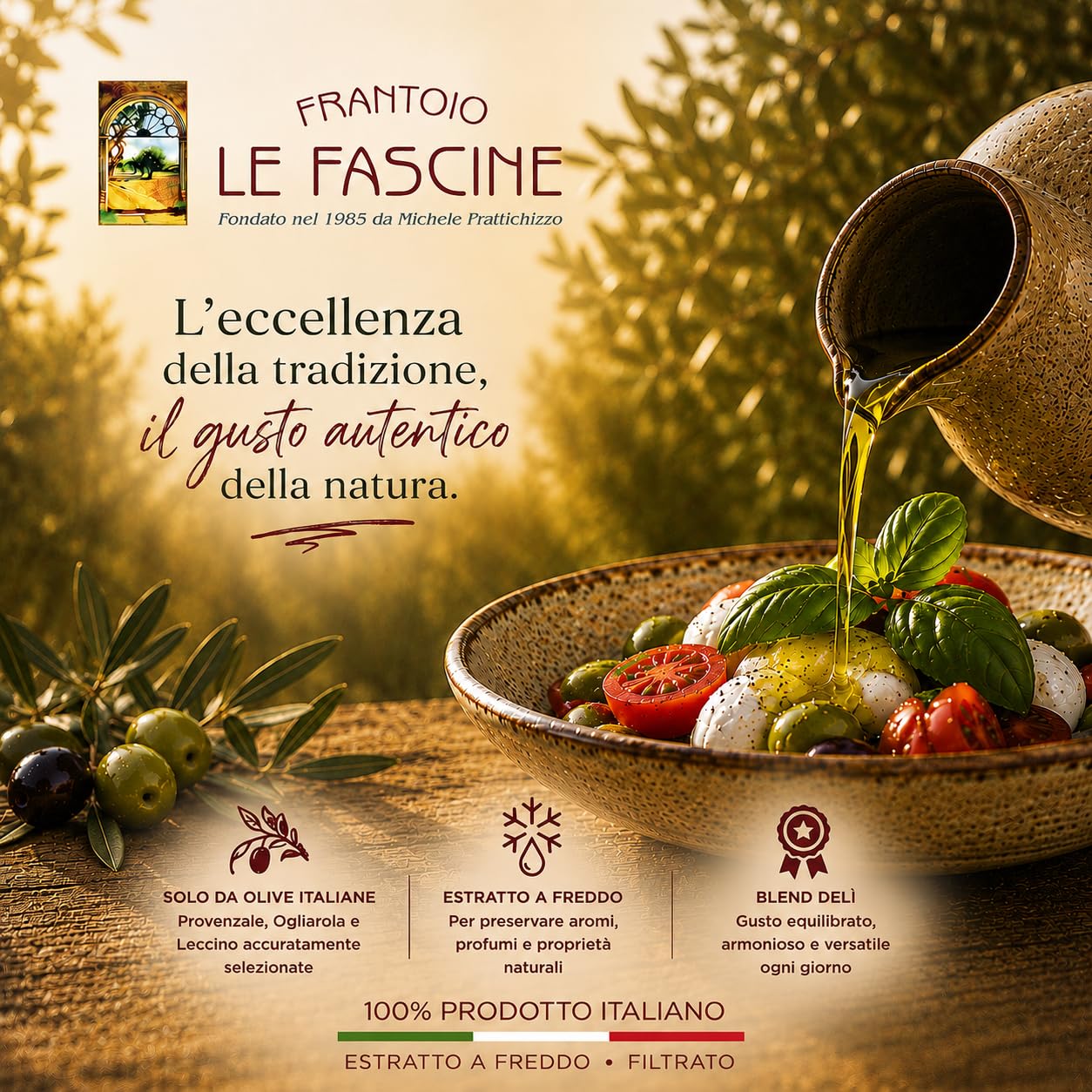 Le Fascine Delicato - 100% włoska DELIKATNA oliwa z oliwek extra virgin ekstrahowana na zimno 100% wyprodukowana z oliwek prowansalskich Ogliarola i Leccino (puszka 5 litrów)