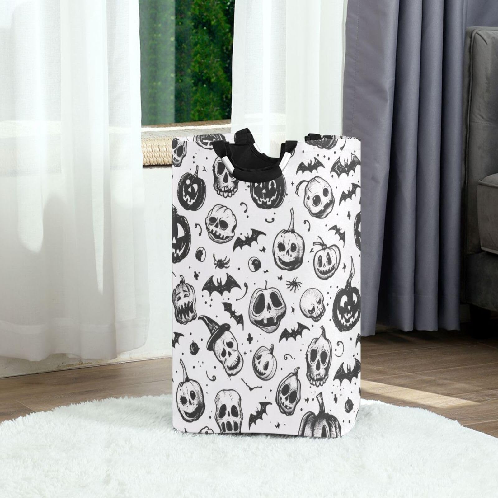 Jihqo Laundry Hamper Basket Halloween Skull Pumpkin Collapsible Nursery Storage Bin Waterproof Clothing Baskets for Home Bedroom Bathroom Washing Room