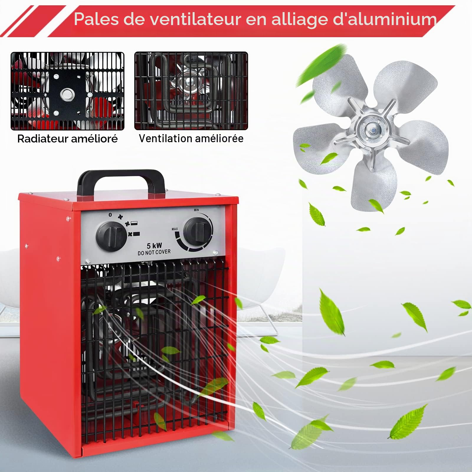 UISEBRT Radiateur électrique soufflant professionnel 5 kW avec 3 niveaux de chauffage, thermostat intégré, protection contre les surcharges, chauffage de chantier, 5000 W