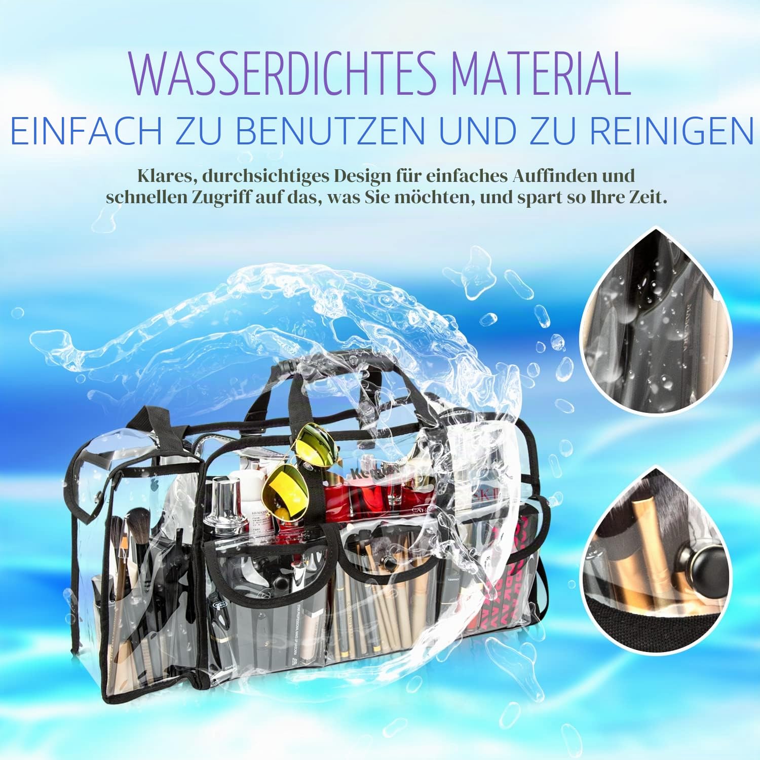 Durchsichtige Tasche Reise Make-up Tasche mit 6 Außentaschen Kosmetik Organizer Kosmetiktasche mit Schultergurt Groß