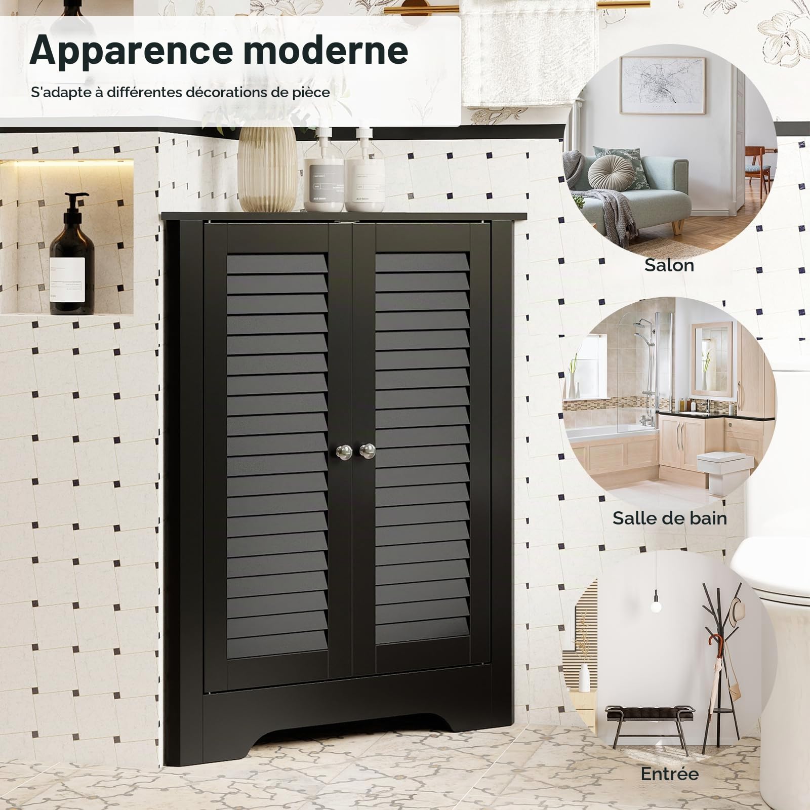 LIFEZEAL Meuble d'angle de Salle de Bain avec Porte, Armoire de Toilette Triangulaire avec Étagère Réglable, Meuble d'angle WC en Bois, 31,5 x 63 x 81 cm (Noir)