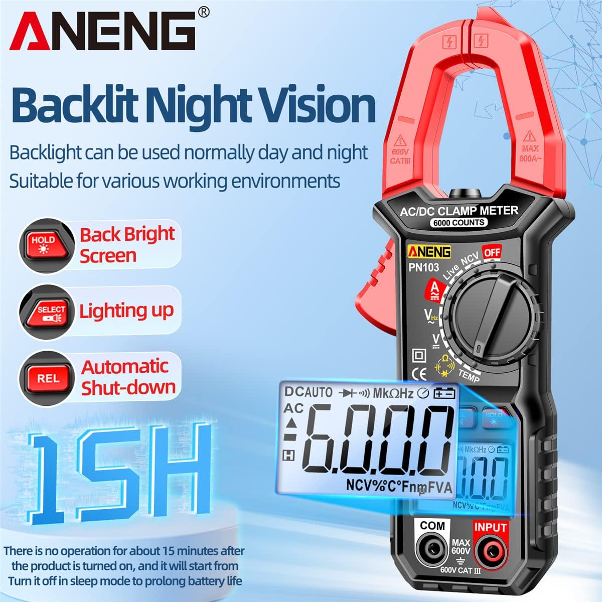 SATMW PN103 Digital Clamp Meter display with backlight and auto-shutdown features