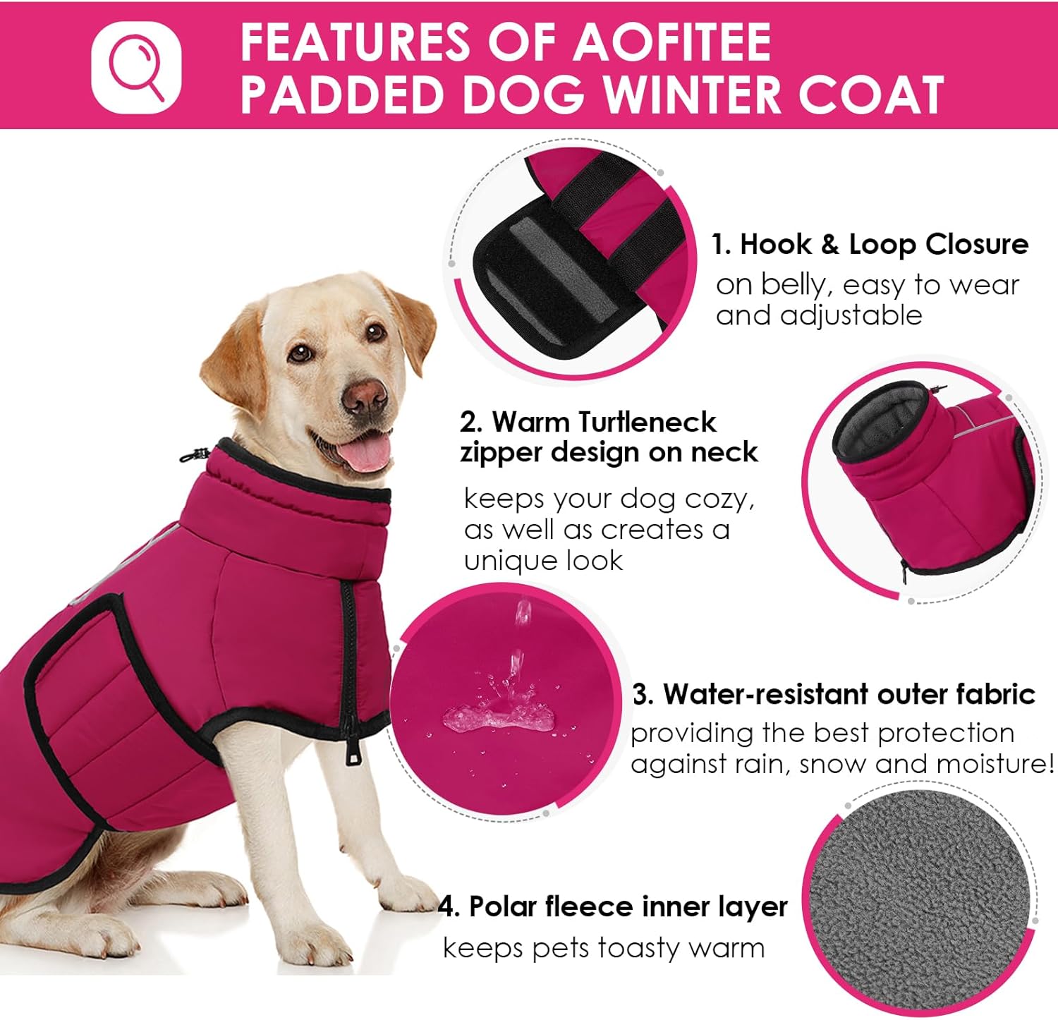 AOFITEE Large Dog Coat, Waterproof Dog Jacket, Dog Winter Coat with Harness Hole & High Collar, Warm Fleece Dog Snow Jacket for Cold Weather, Reflective Dog Snowsuit for Large Dogs, Great Dane, XXXL