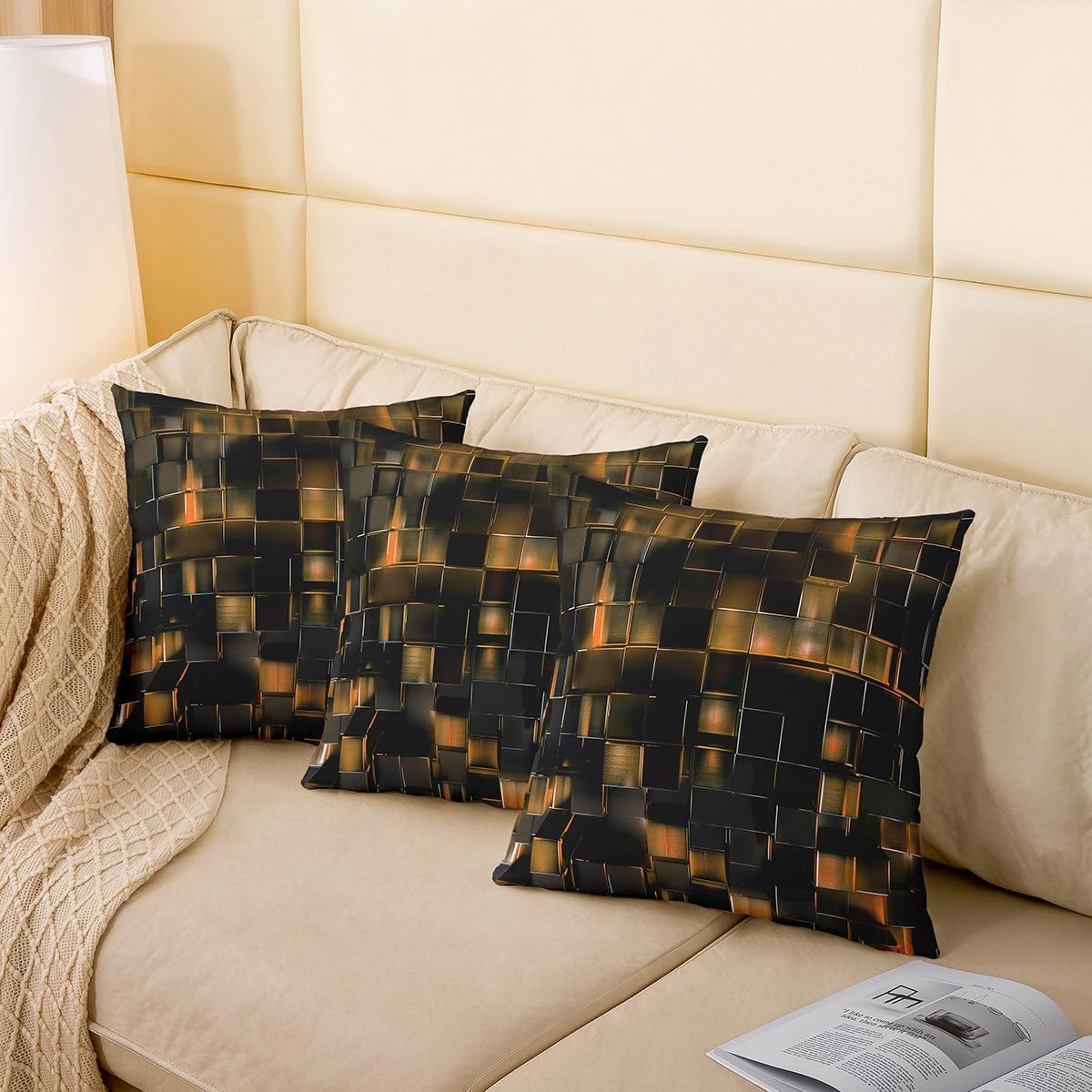 Erosebridal Black Pastel Orange Throw Pillow Covers Modern Geometric Pillow Covers Gradient Neon Cubes Cushion Cases,Abstract Grid Decorative Pillow Covers Lattice Decor 24x24 Inch Set of 2