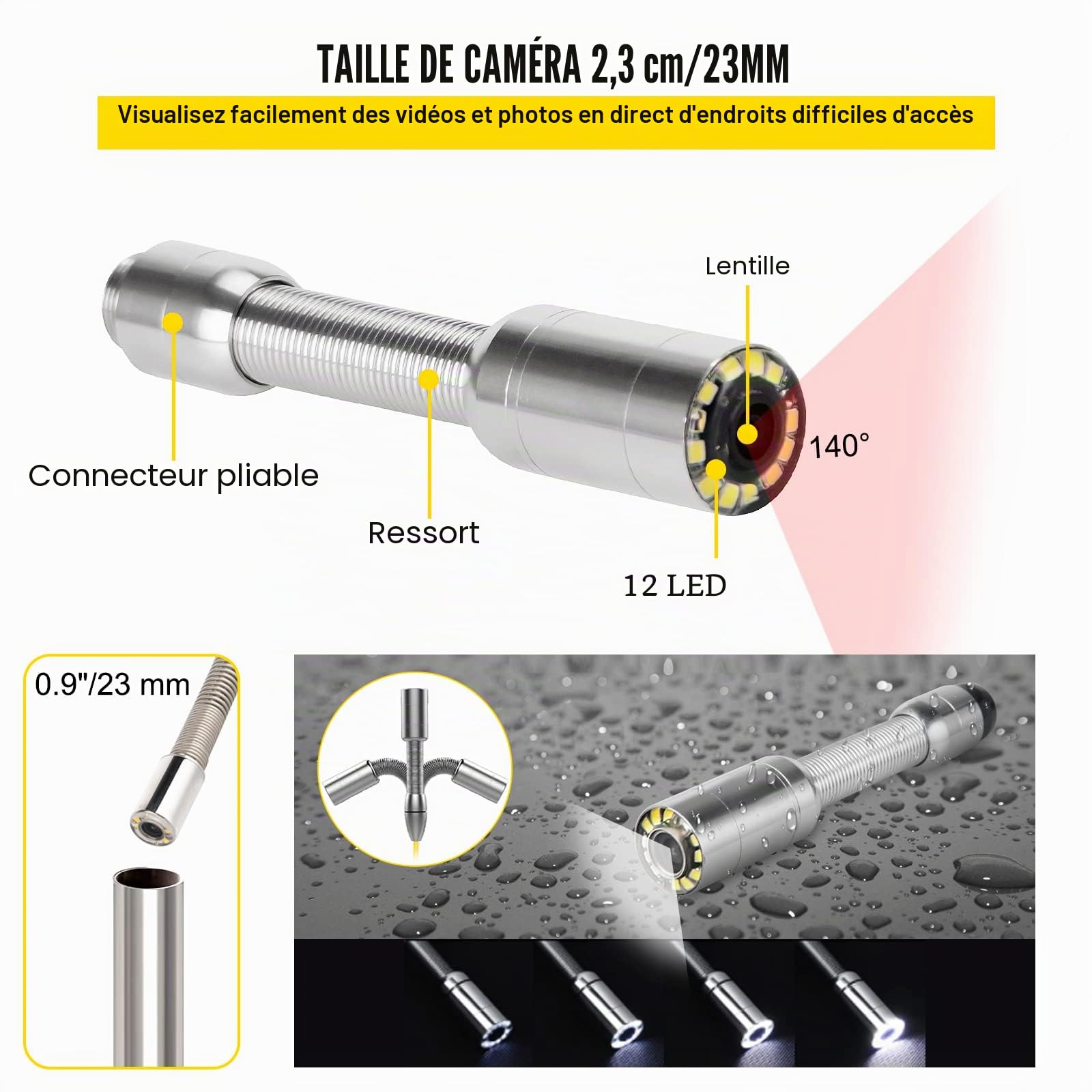 VEVOR Tuyau Caméra 20 m, Appareil-Photo d'Inspection IP68, Boîte à Outils Portable, Moniteur 6 Heures, Vidéo Industrielle d'Inspection Vision de Nuit