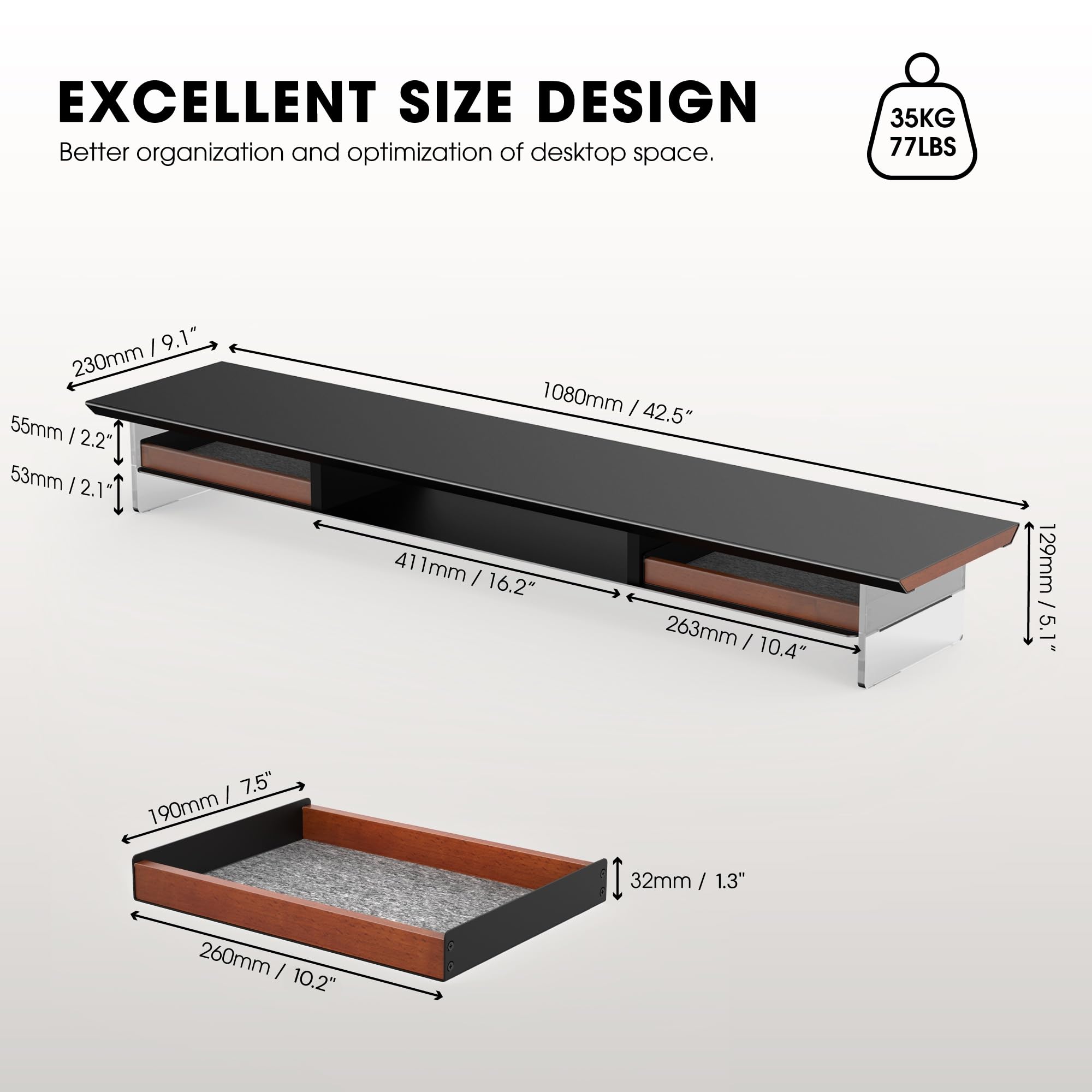 Fenge Supporto Monitor Scrivania Acrilico, 108 x 23 x 12,9 cm, Rialzo 2 Monitor 27 Pollici e 35kg, con Cassetti in Legno Massello, Organizer, Porta PC per Computer, Laptop, Stampante TV (Nero)