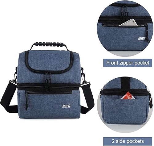 Miniatura 4 de MIER Bolsa de almuerzo con 2 compartimentos para hombres y mujeres, a prueba de fugas, bolsa térmica aislada para el trabajo (azul y negro)