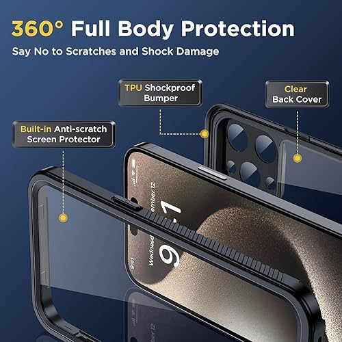 Miniatura 5 de Humixx Funda impermeable para iPhone 15 Pro Max, lente integrada y protector de pantalla, [14 pies de cuerpo completo a prueba de golpes] [IP68 bajo