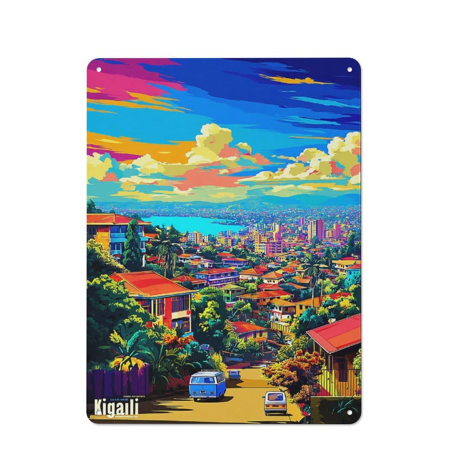 Junmoney Colorful Kigali Cityscape Metal Wall Sign 40X30cm Featuring For Bar Or Restaurant, For Themed Interiors In Bars And Restaurants