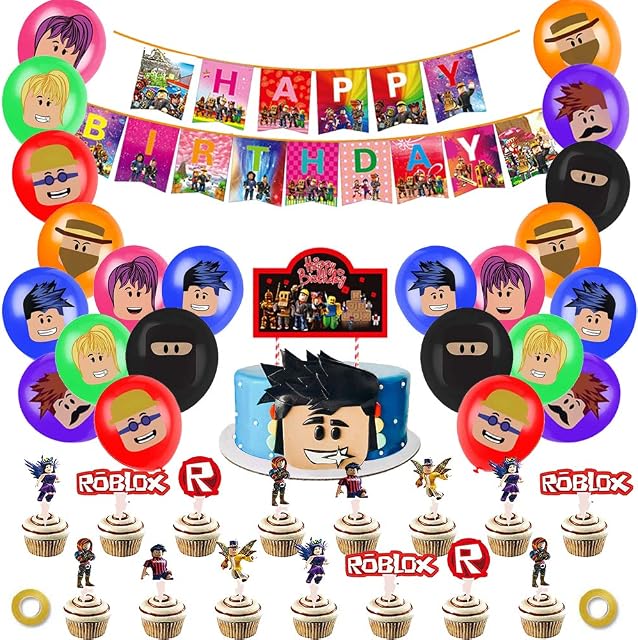 Roblox Game Party Supplies for Kids Birthday Decorations Includes Banner Balloons Cake and Cupcake Toppers for Kids Party Supplies Robot Blocks Birthday Gamer Birthday Party Decor