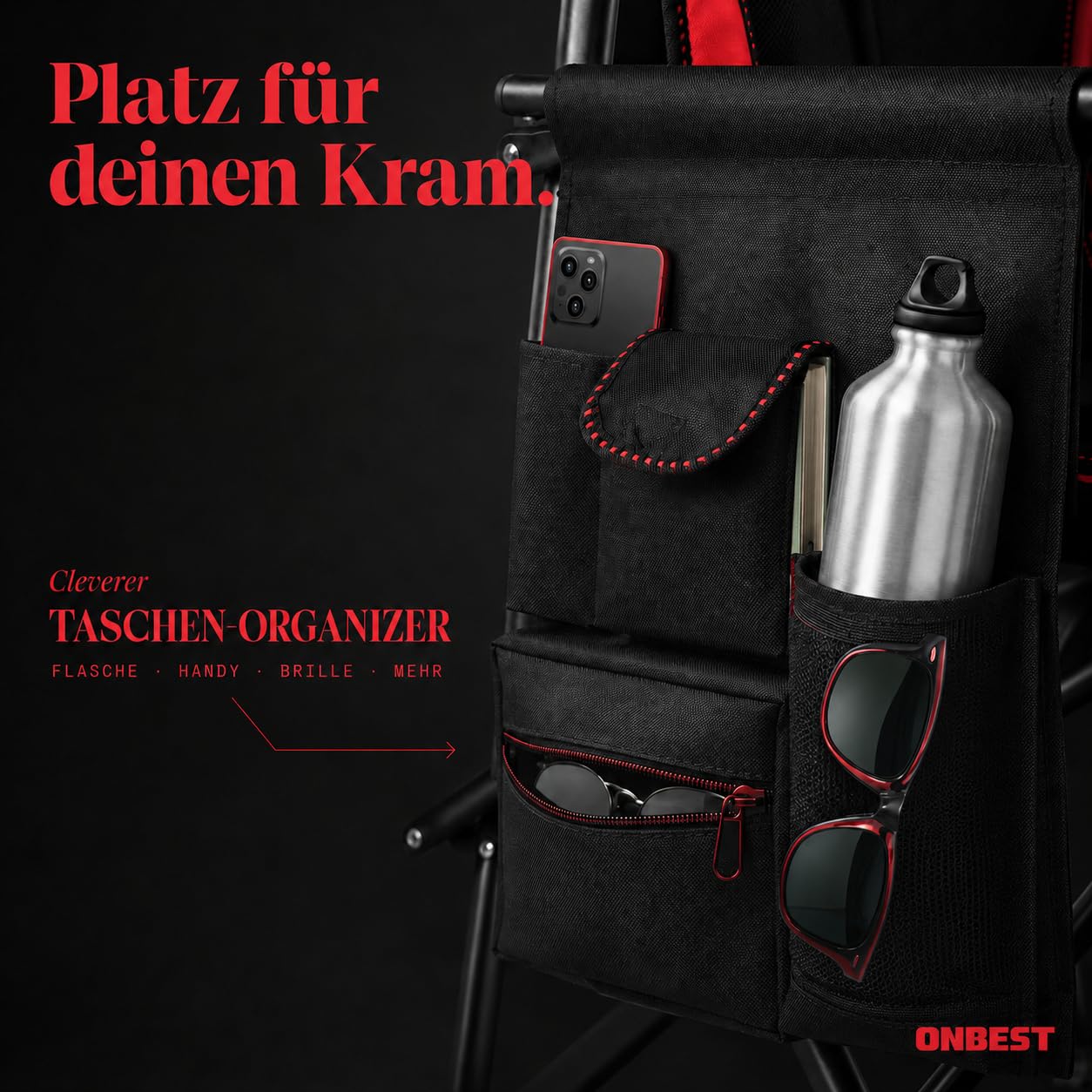 Onbest Campingstuhl faltbar, Hochlehner bequem gepolstert mit viel Stauraum, Getränkehalter, 2 Armlehnen, bis 150 kg belastbar, Klappstuhl kompakt & leicht mit Tasche, Camping Stuhl
