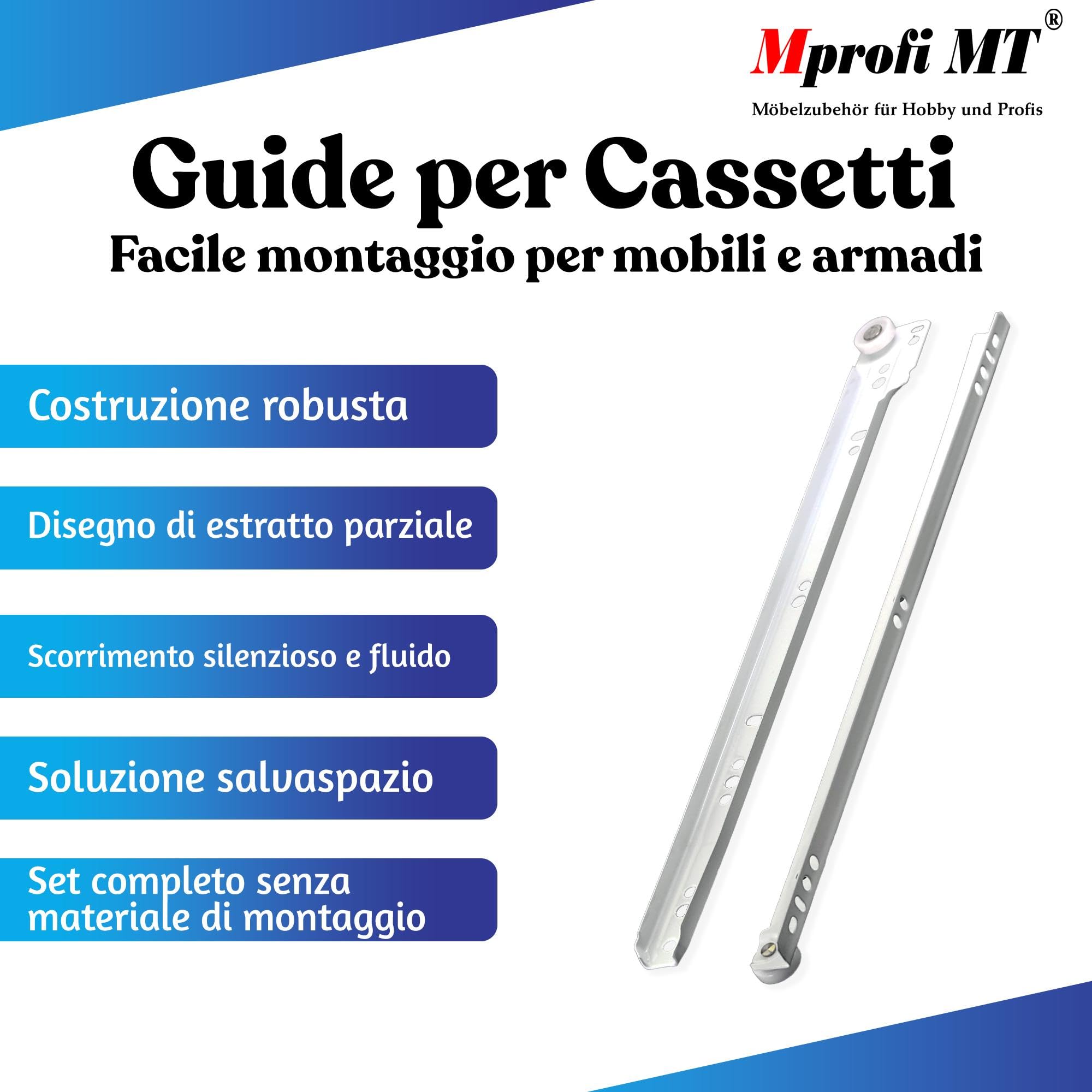 Mprofi MT® 20 Pezzi, 10 Paia | Guide per Cassetti | L:400mm | di Binari Cassetti Scorrevoli | Guide a Sfere per Cassetti | Guida per Cassetti Estrazione Parziale | Guida Telescopica per Cassetti