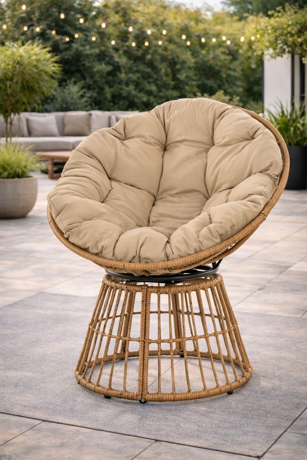 Outdoor Papasan Garten Drehsessel wetterfest mit Polster Garten Sitzschale Rattansessel drehbar (Sand, Papasan drehbar)