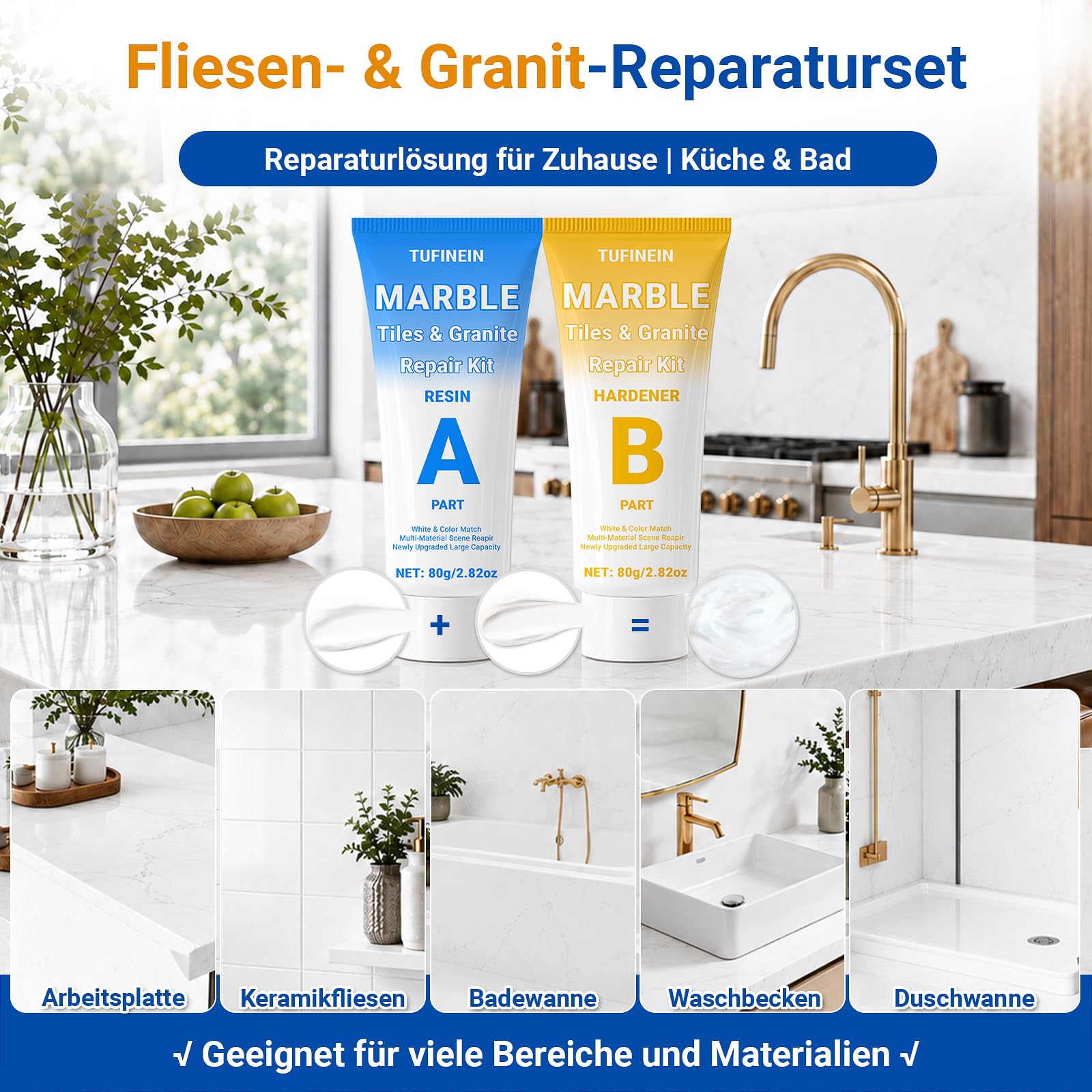 Marmor Reparaturset 160g/5.64oz, Fliesenreparaturset für Granit Quarz Acryl Keramikstein Arbeitsplatte, Füllen von Löchern Chips Rissen Kratzern und Dellen (Farbabstimmung)