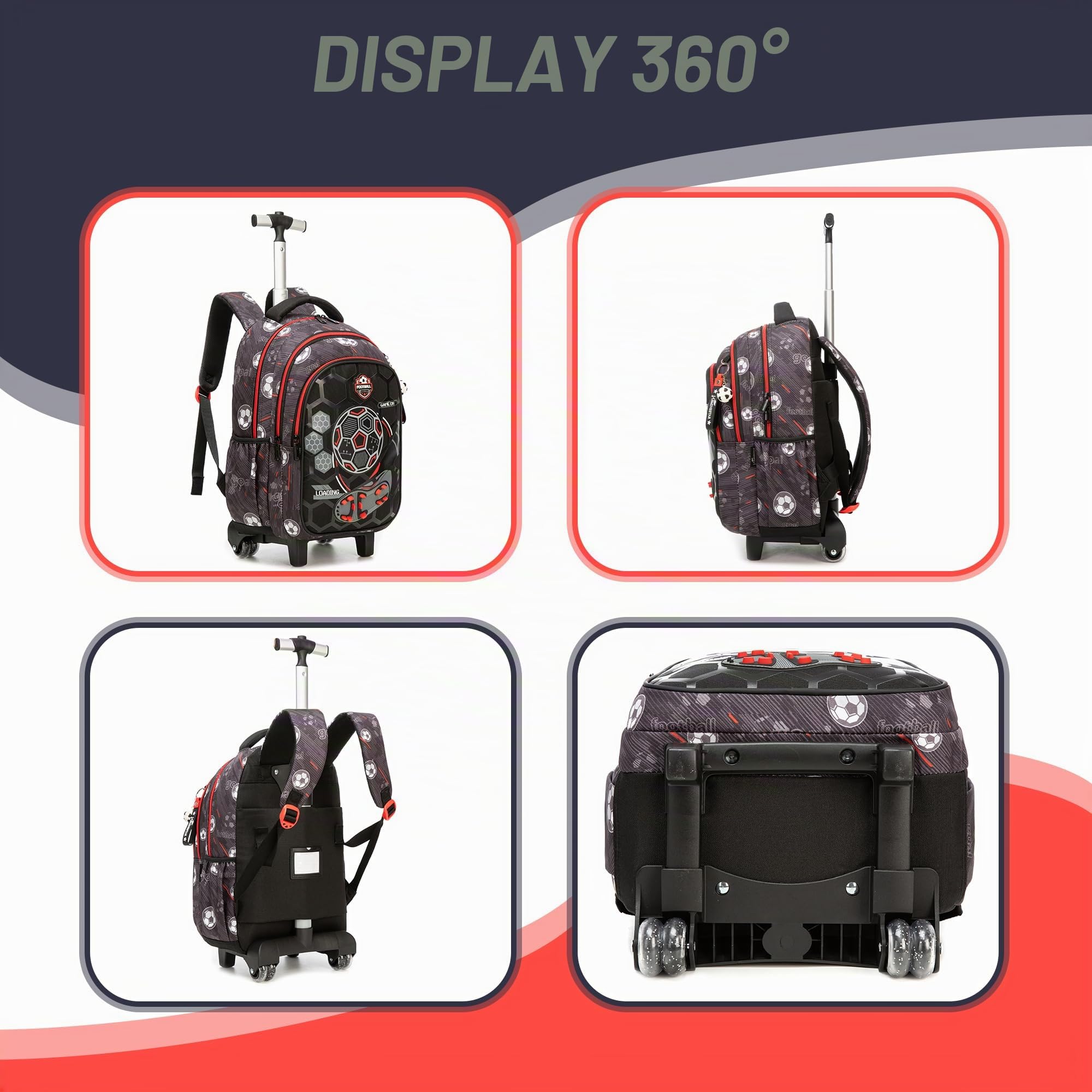 HTgroce Zaino Trolley Scuola Elementare Bambino (Calcio) – Grande Zaino con Ruote per Ragazzi & Cartella Scolastica – Bagaglio a Mano per Scuola & Viaggi