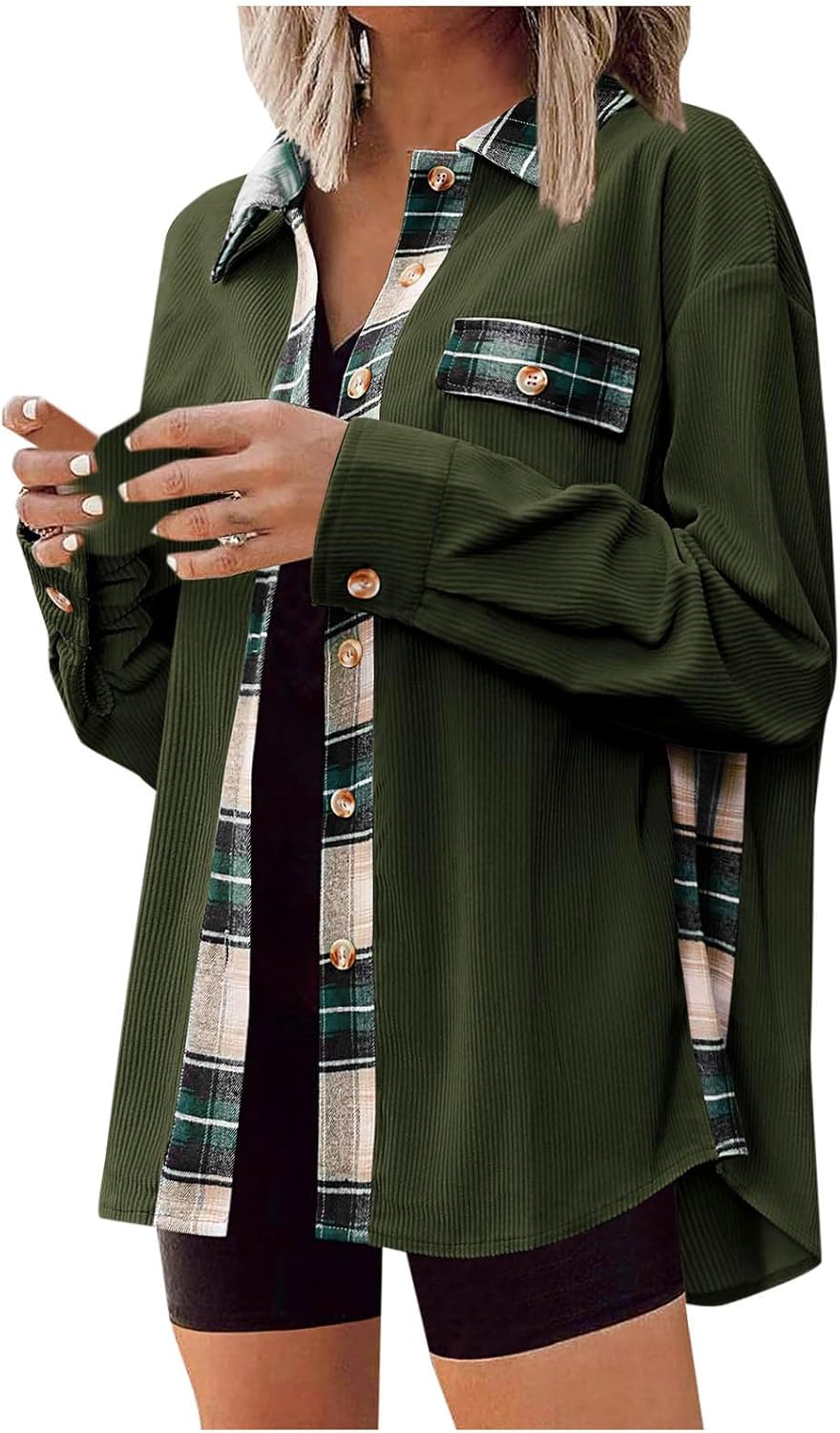Womens Flannel Shirt Shacket Jacket Casual Plaid Button Down Shirts Long Sleeve Fall Tops with Pockets