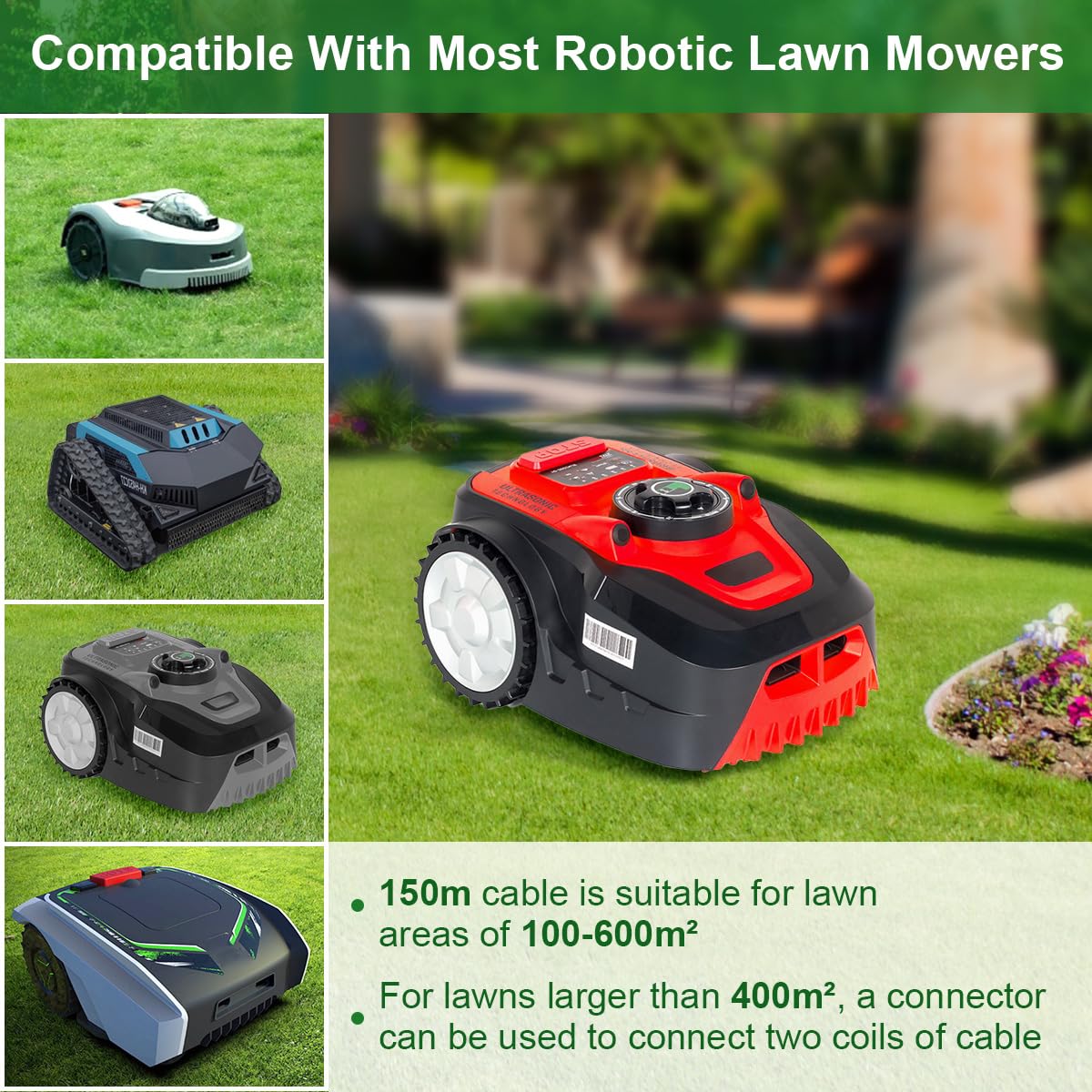 150M Cable Robot Tondeuse +120 Piquets +20 Connecteurs de Câble +20 Connecteur de Dérivation en T, Fil Robot Tondeuse Peripherique Accessoires Gazon, Compatible avec Gardena Bosch Husqvarna Worx etc
