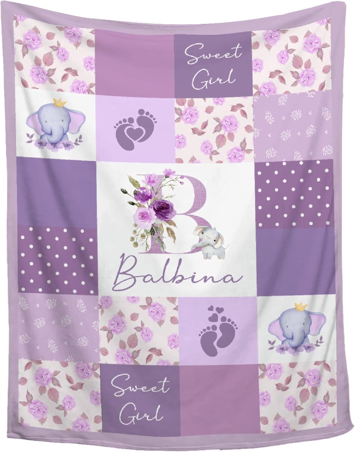 Personalized Baby Elephant Blanket - Custom Name, Soft Receiving Swaddle Blanket for Infant Toddler, Floral Elephant Prints for Crib Stroller Travel Bed - 50"x60"