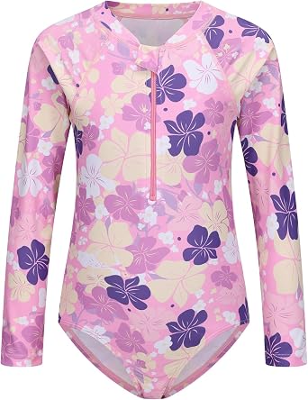 Girls One Piece Rash Guard Long Sleeve Swimsuits for Girls UPF 50+ Sun Protection Bathing Suits 3-16 Years