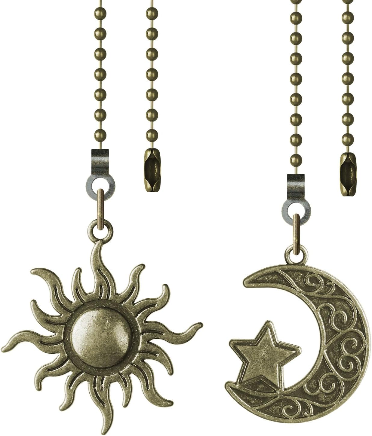 2 Pack Ceiling Fan Pull Chain, Sun Moon Fan Pull Chain Extension, 12 Inches Decorative Chain Pulls Ornaments for Ceiling Light Lamp, Beads Ball Pull Chain Extender with Connector, Bronze