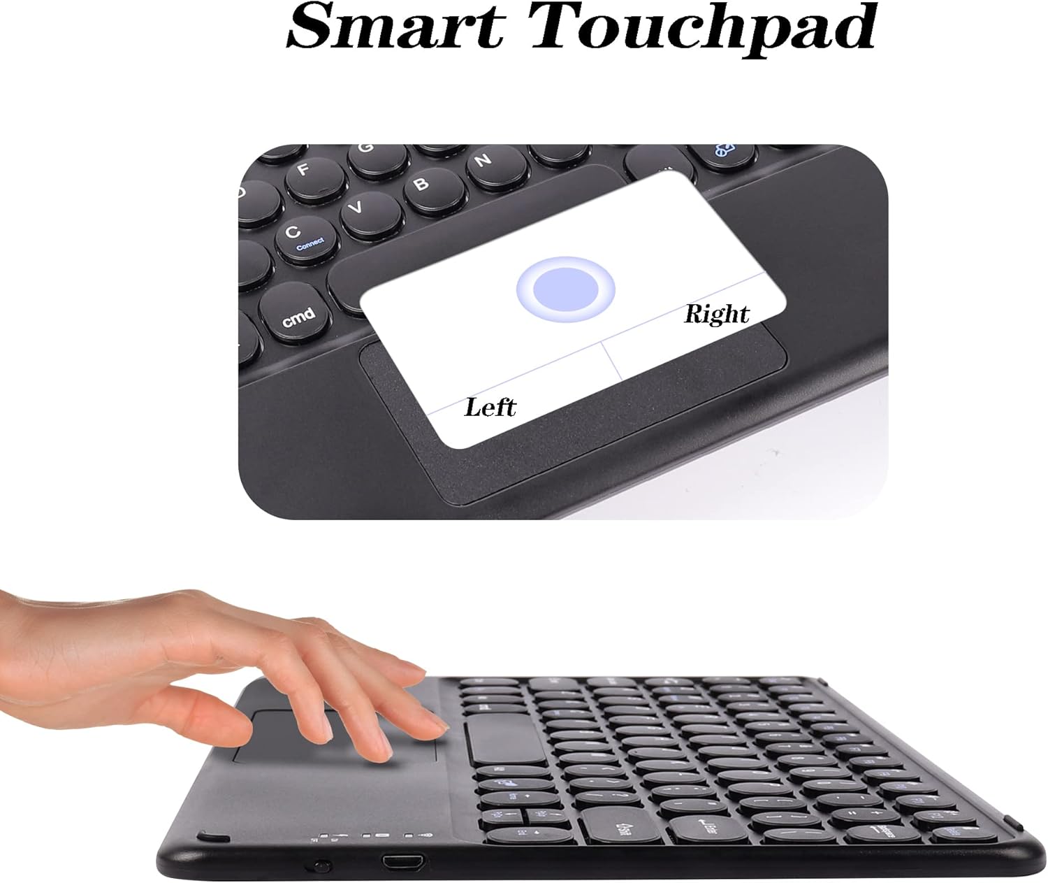 Close-up of the smart touchpad with left and right click areas indicated