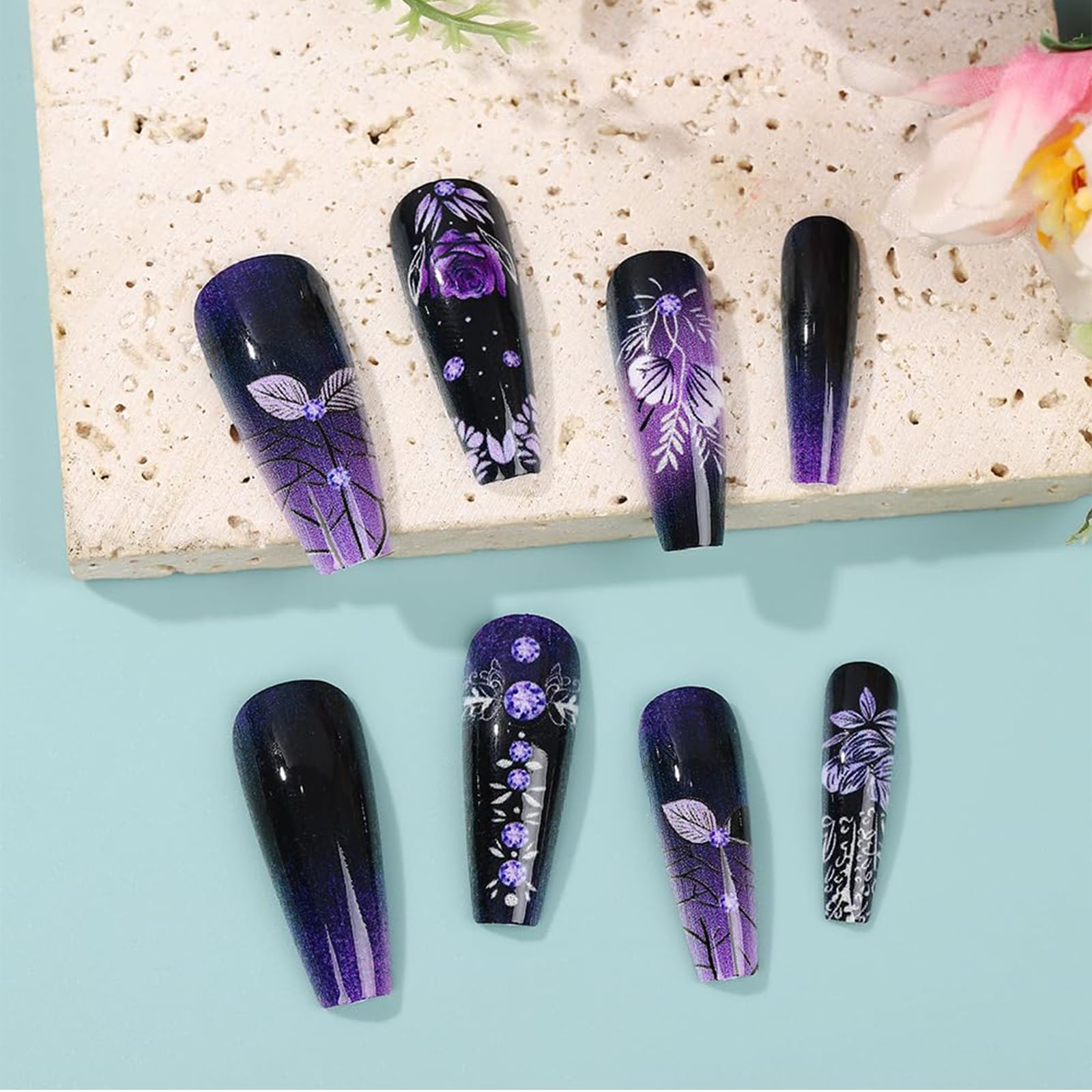 Shimmerz 24 Piece Gradient Purple Floral Pattern Black Purple French Tip False Nails Full Cover French False Nails for Women DIY Manicure - Image 3