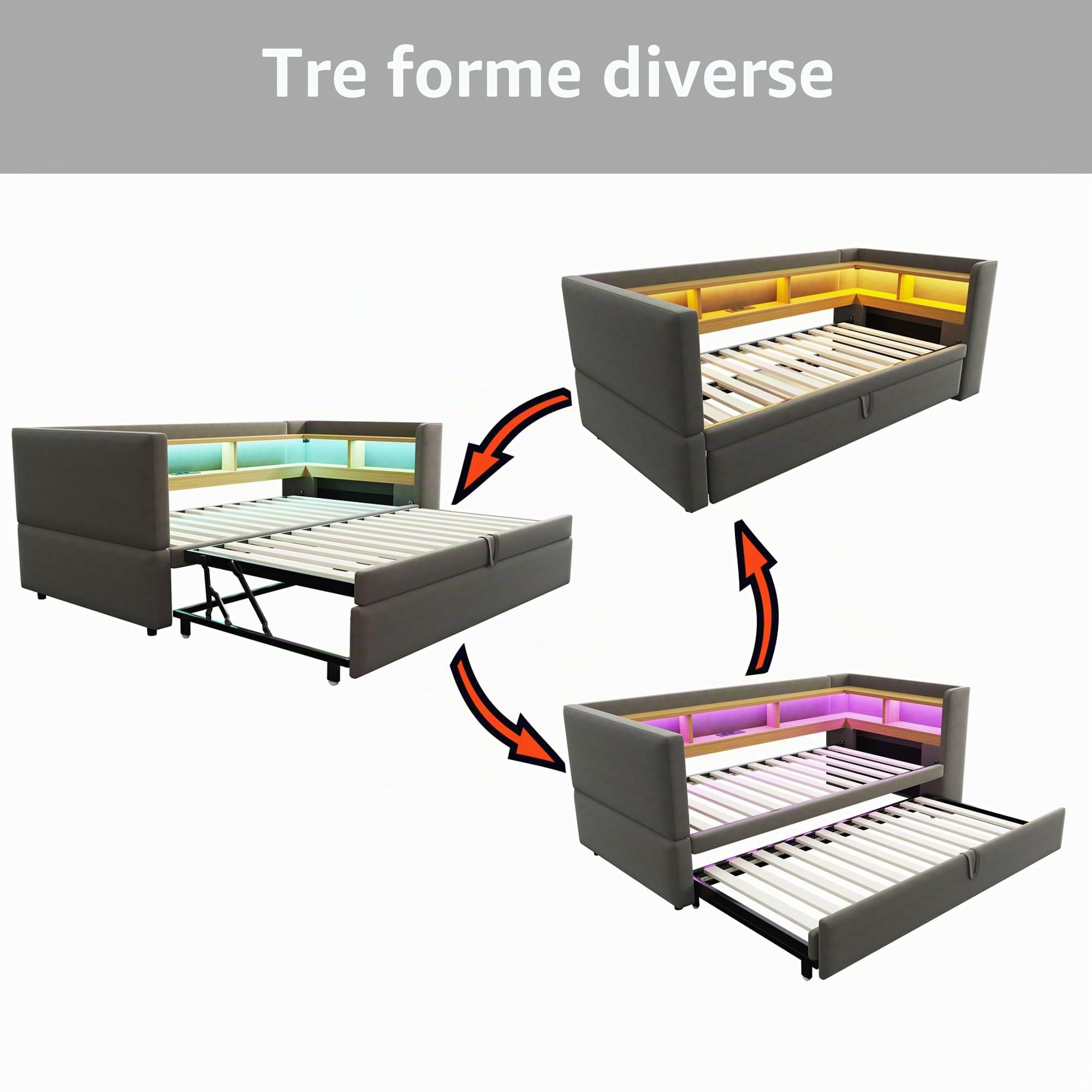 Letto imbottito divano letto estraibile 90/180 x 190 cm, letto singolo con prese LED USB, letto giorno con molti scomparti, flanella, senza materasso (grigio scuro)