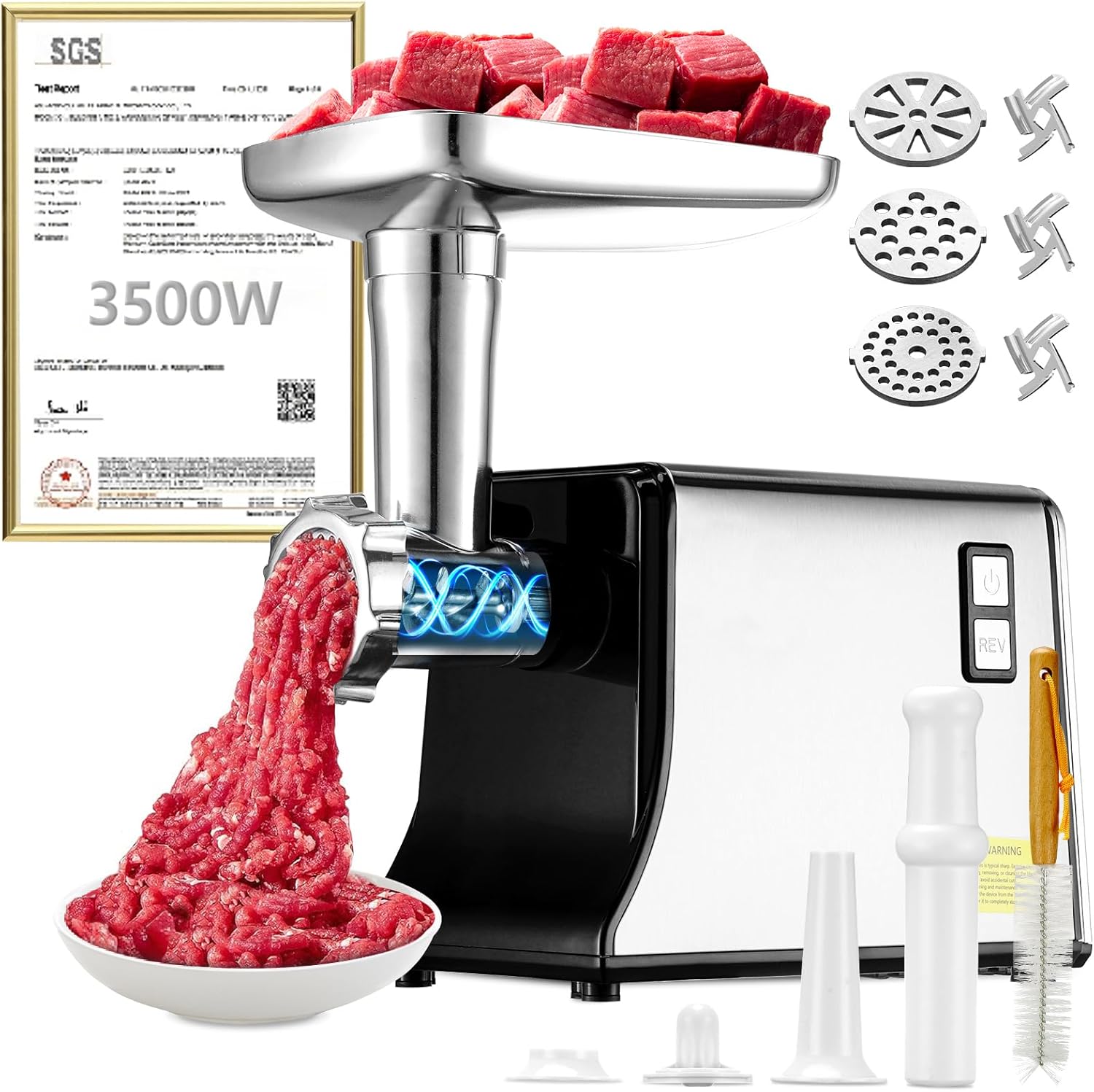 5.0 Upgrade Electric Meat Grinder【3500W Super Motor】【SGS Certified SUS304 Blade & Plate】3-Second Fast Meat Grinding, Perfect For Meat Grinders For Home Use (BLACK)