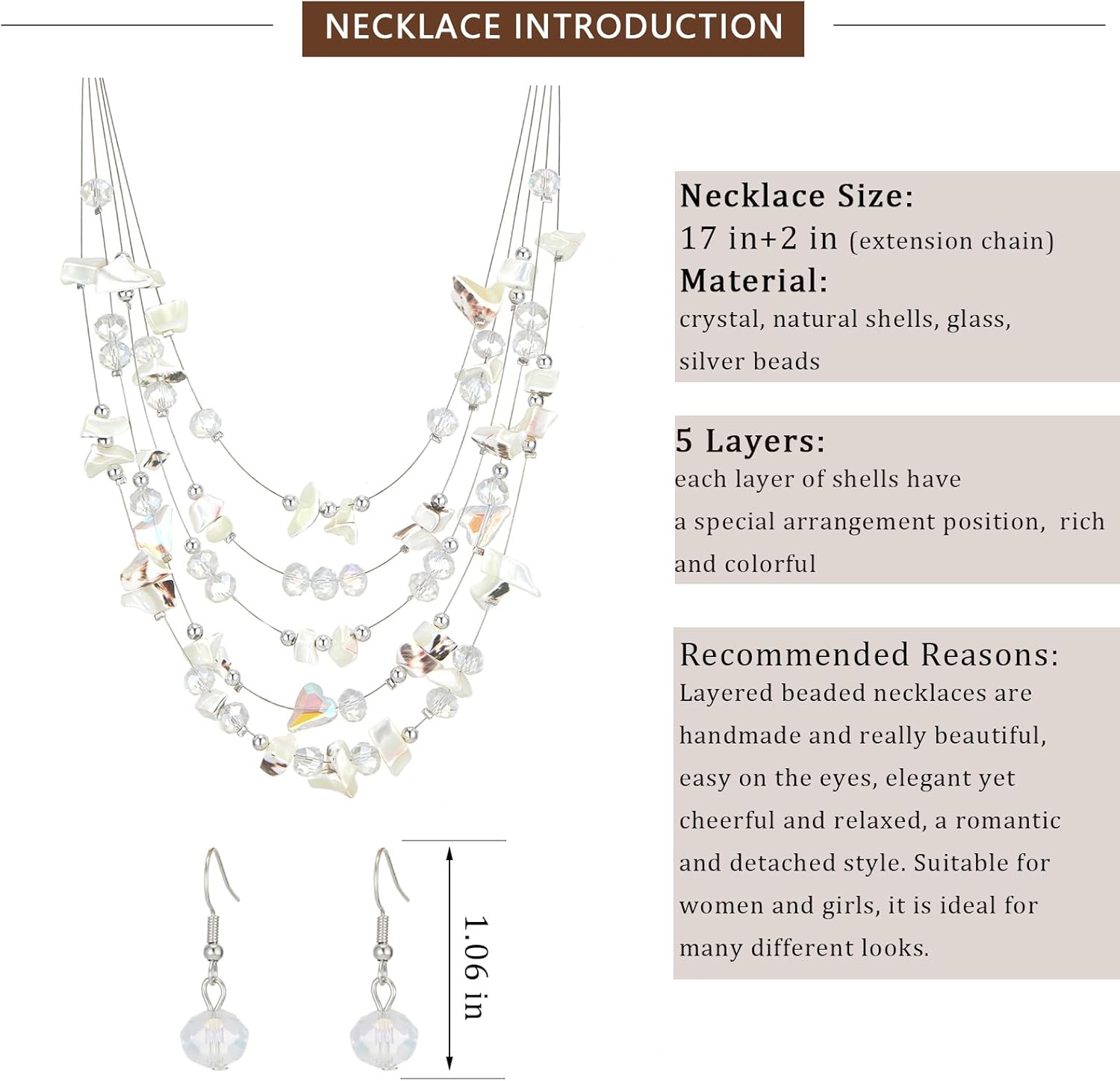 Multi-Layer Boho Shell Beaded Necklace for Women Colorful Crystal Strand with Silver Beads Statement Collars Necklace and Earrings Costumes Jewelry Sets for Women - Image 5