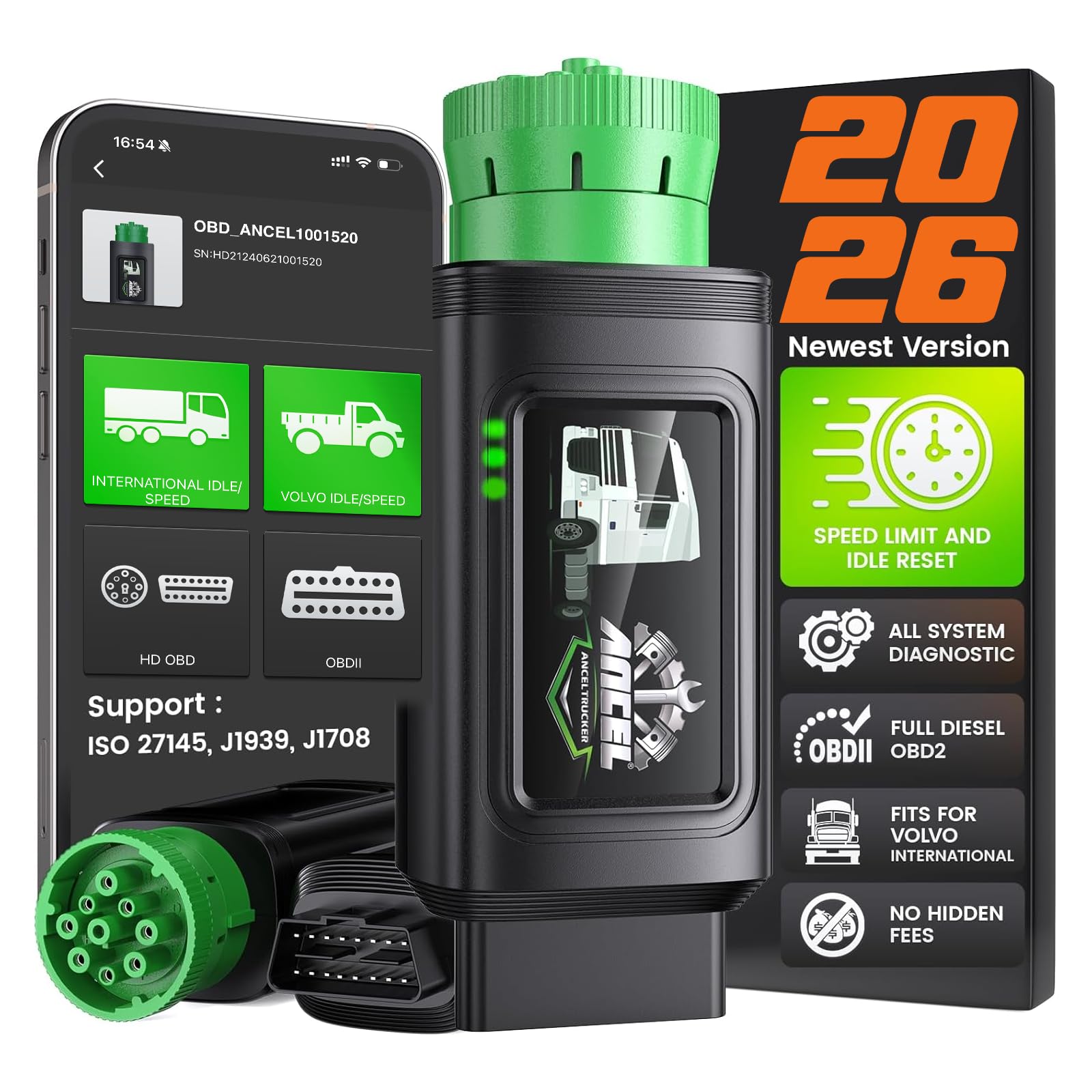 ANCEL HD210 Bluetooth Heavy Duty Truck Scanner, Speed Limit and Idle Reset for Volvo & International Engine, All System Diesel HDOBD/OBD2 Scanner Diagnostic Tool, Lifetime F-Ree Update Code Reader