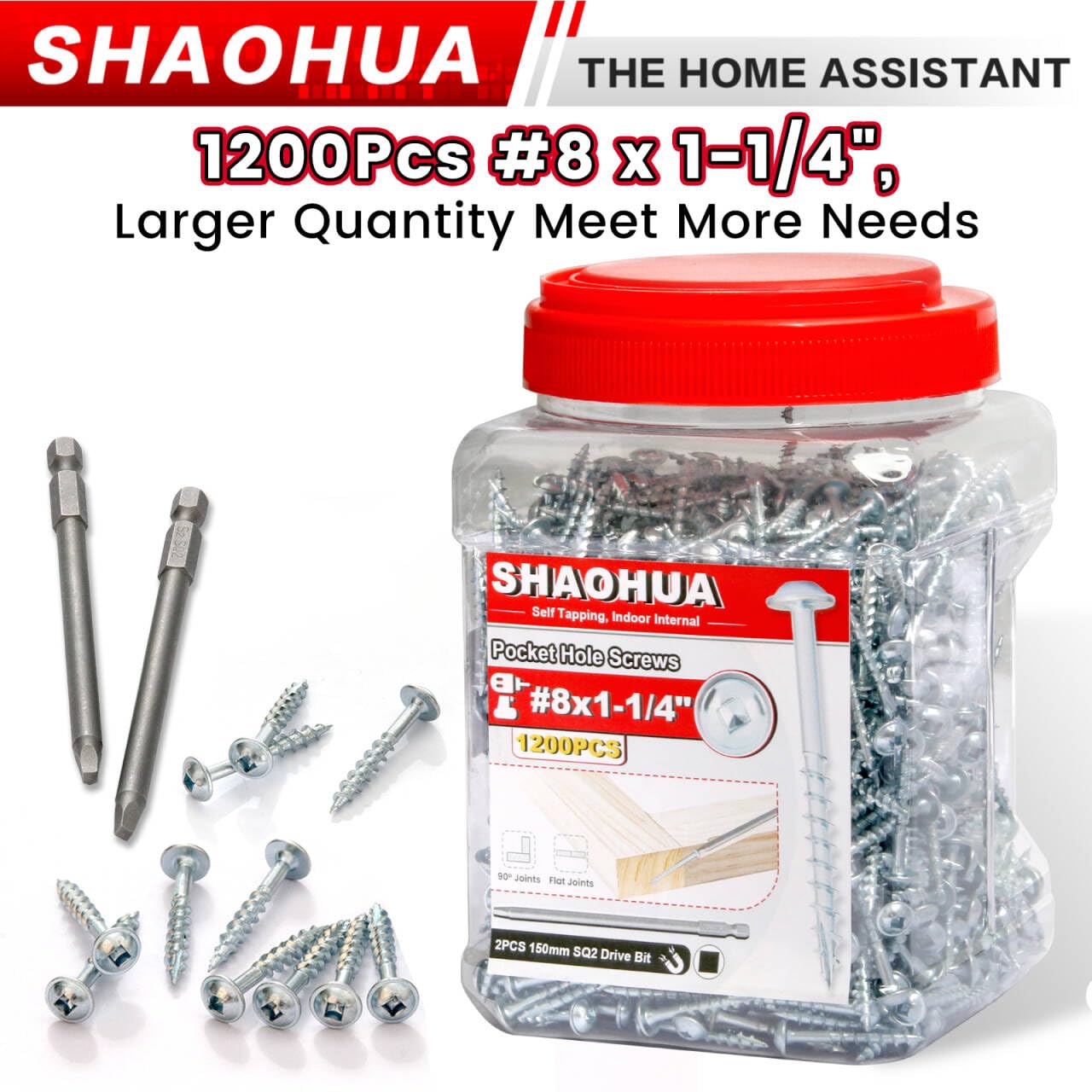 1200 Pcs #8 1-1/4" Pocket Hole Screws, Coarse Thread for Furniture, Cabinets, Compatible with Kreg Jig, Zinc Plated Pocket Screws for Indoor Use, Portable Handheld Box w/ SQ2 Square Drive Bit