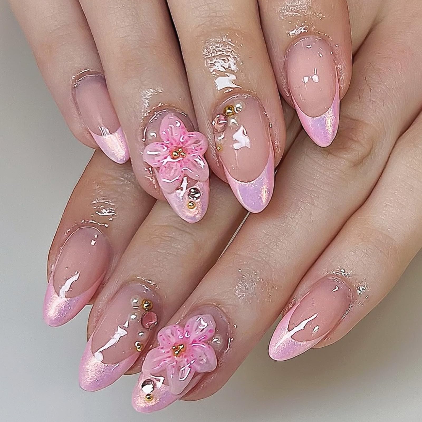 3D Floral Press on Nails Medium Almond SWEKKE Fake Nails Pink False Nails with Flower Rhinestones Designs Full Cover Glossy Glue on Nail Acrylic Nail