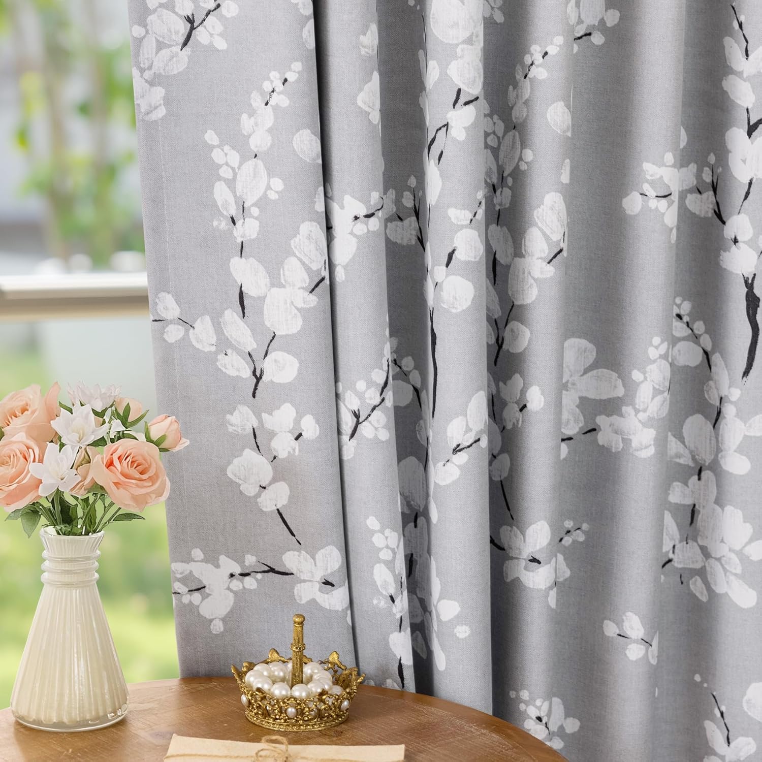 Fmfunctex Grey White Floral Blackout Eyelet Curtains 52 x 84 Inch Drop Pair