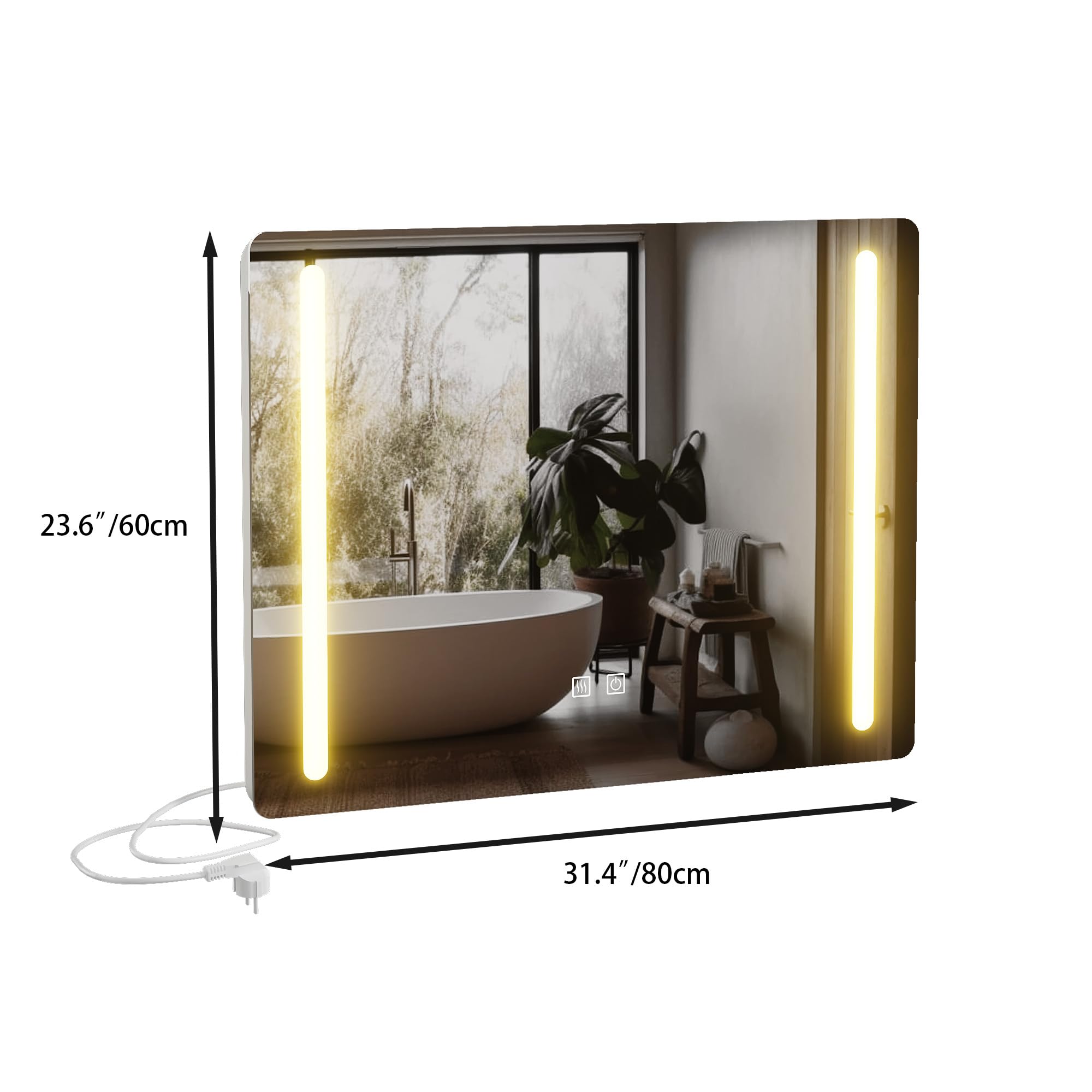 Espejo de baño con luz y antivaho, 80 x 60 cm, rectangular, espejos de pared para baño con LED iluminado, ajustable en 3 colores (enchufe estándar europeo)