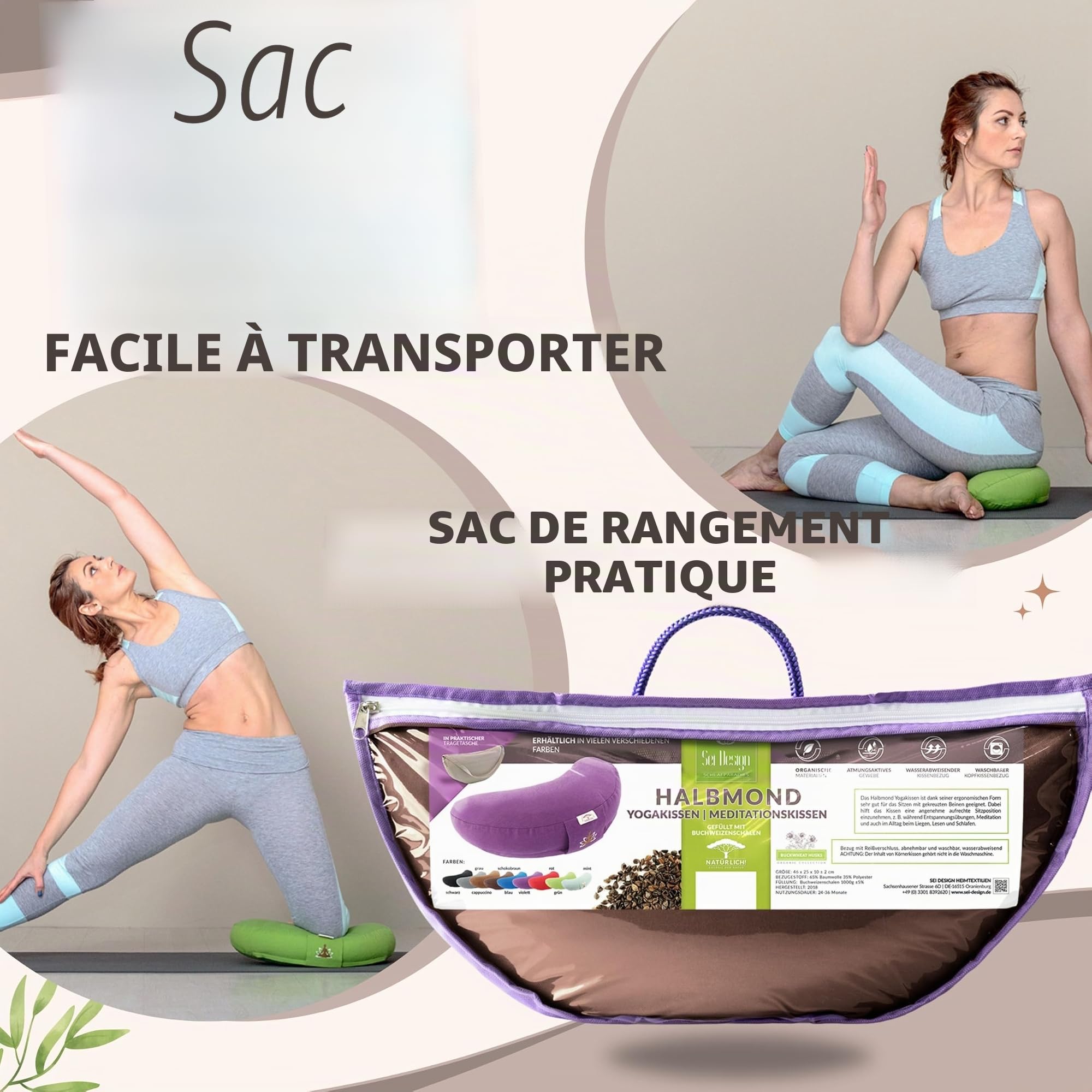 sei Design Coussin de Yoga, de méditation, en Demi-Lune, avec Rembourrage en cosses de Sarrasin, Grand Coussin de Sol, Coussin de méditation, 46 x 25 x 10 cm, Violet