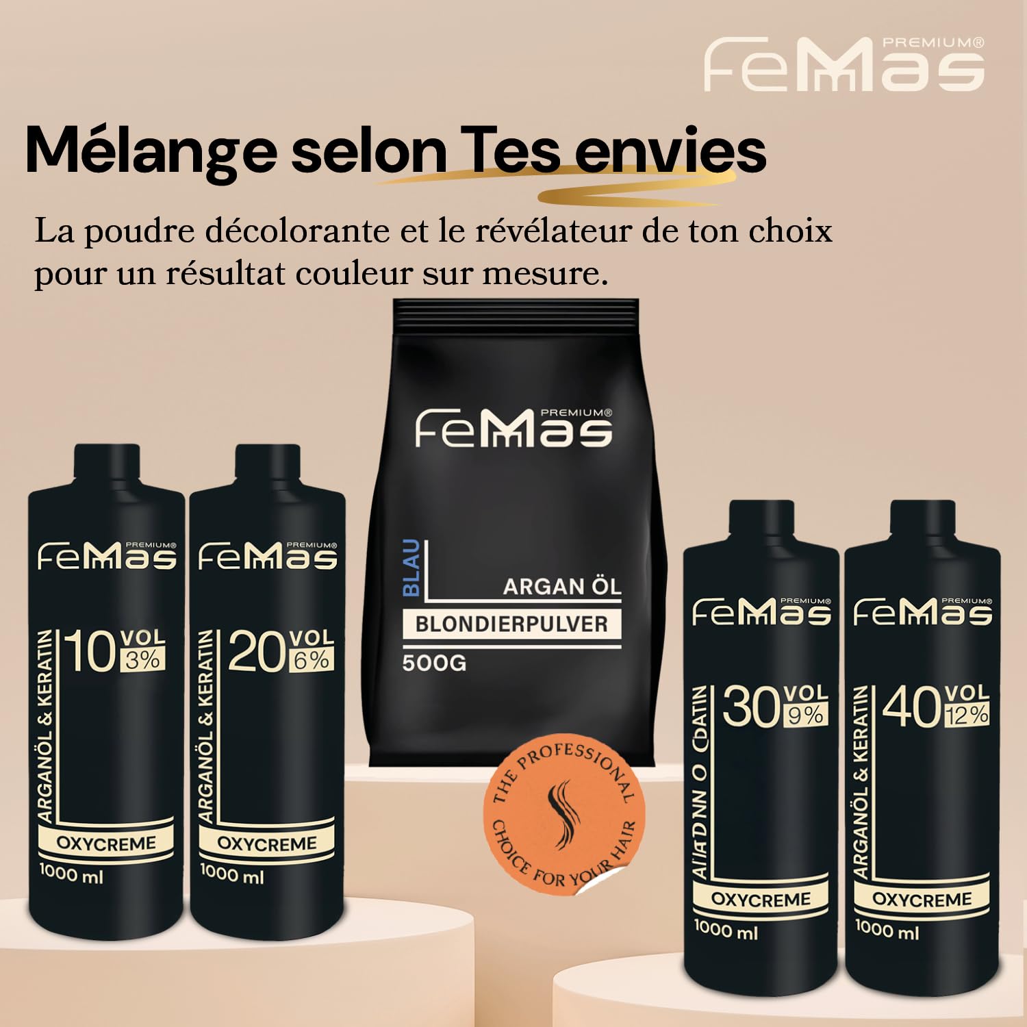 FemMas poudre décolorante bleue 1000g I Avec technologie Plex et huile d'argan I Blondissement uniforme I Ultra fort et sans poussière I Blanchiment cheveux pour des éclaircissements jusqu'à 9 nuances