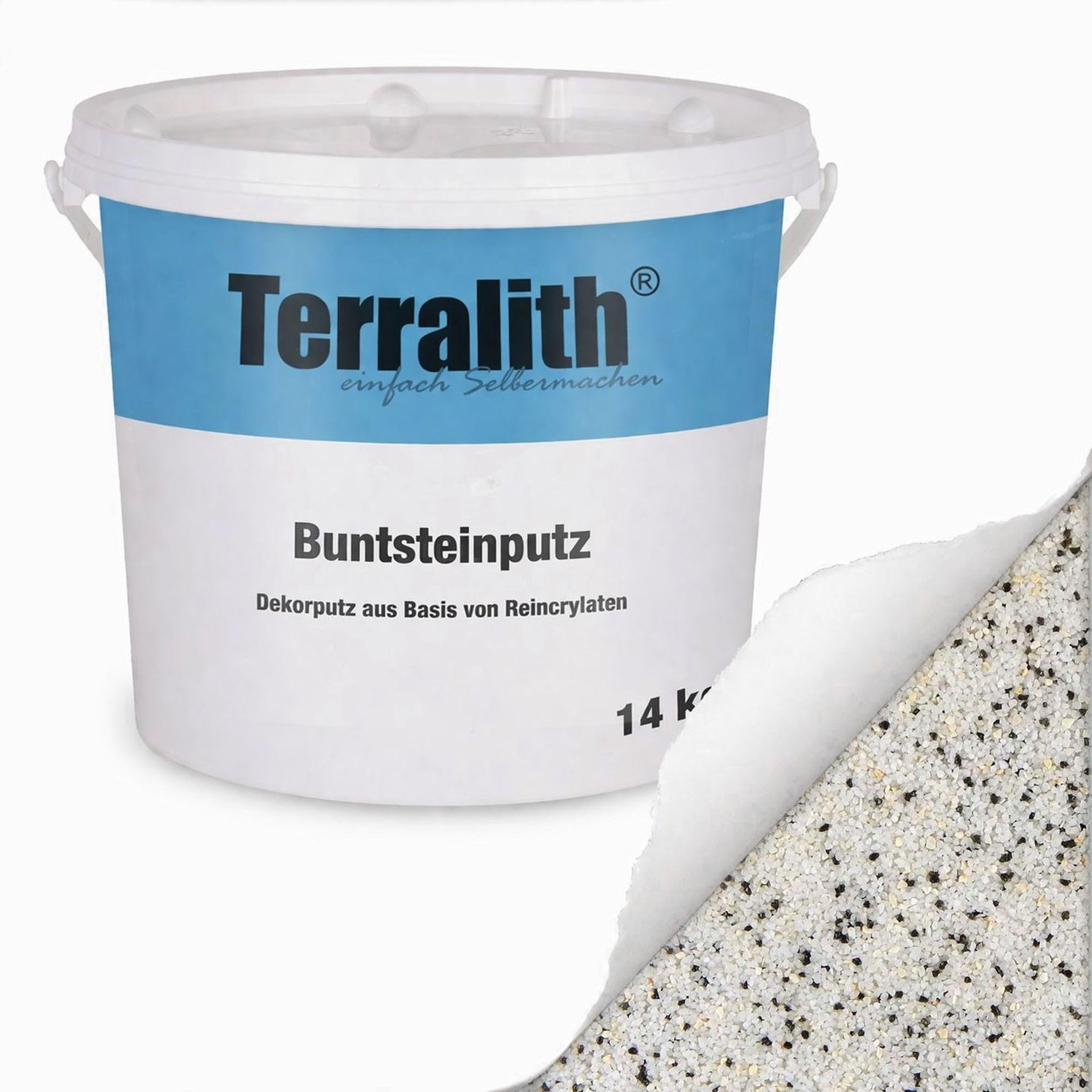 Terralith Buntsteinputz 14kg in weiß, Sockelputz für Innen und Außen mit Reinacrylat Bindemittel aus Naturstein, 1-2mm Körnung (BSP75)