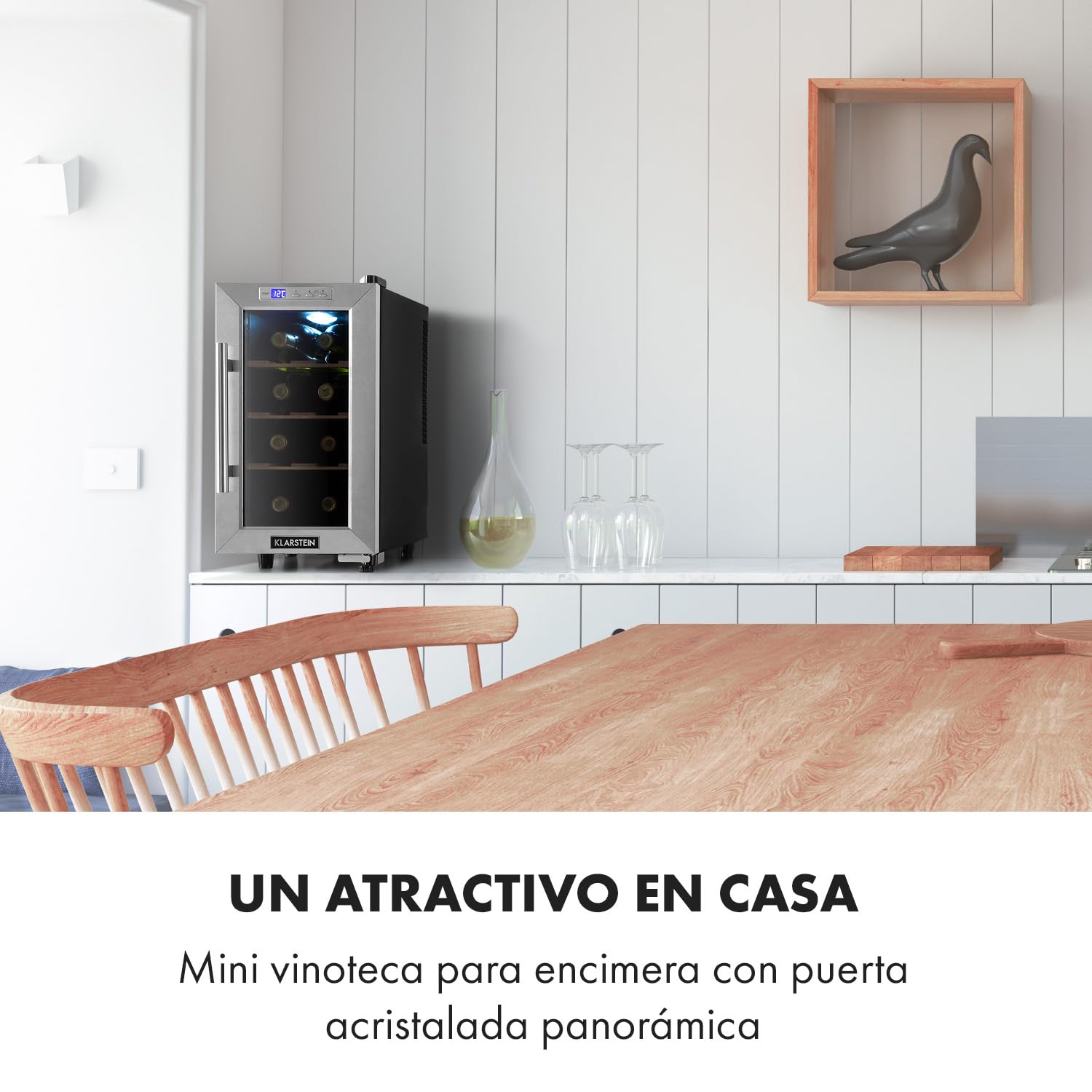 KLARSTEIN Vinoteca 6 Botellas, Nevera Vinos de Una Zona, Nevera Expositora Vino y Cerveza, Vinoteca Pequeña Interior y Exterior con Puerta de Cristal, Nevera Vino Protección UV, Panel Táctil, 4-22°C