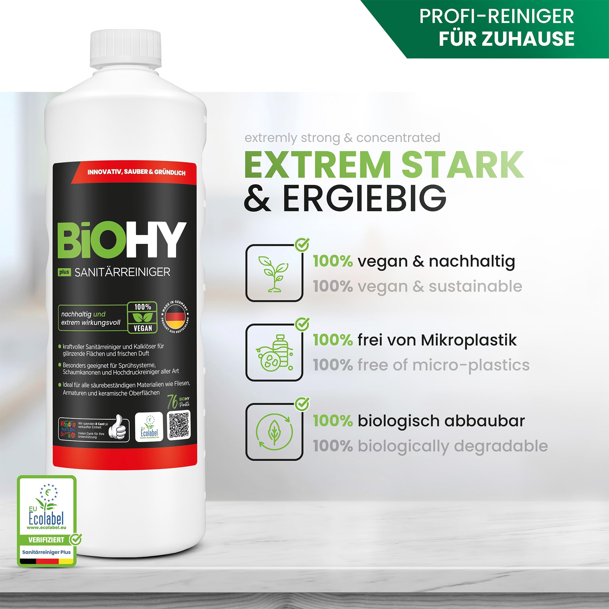 BiOHY Detergente per bagno Plus (Lattina da 10 Litri) + Rubinetto di scarico | Concentrato decalcificante per ambienti sanitari | profumo gradevole e fresco | EXTRA FORTE (Sanitärreiniger Plus)