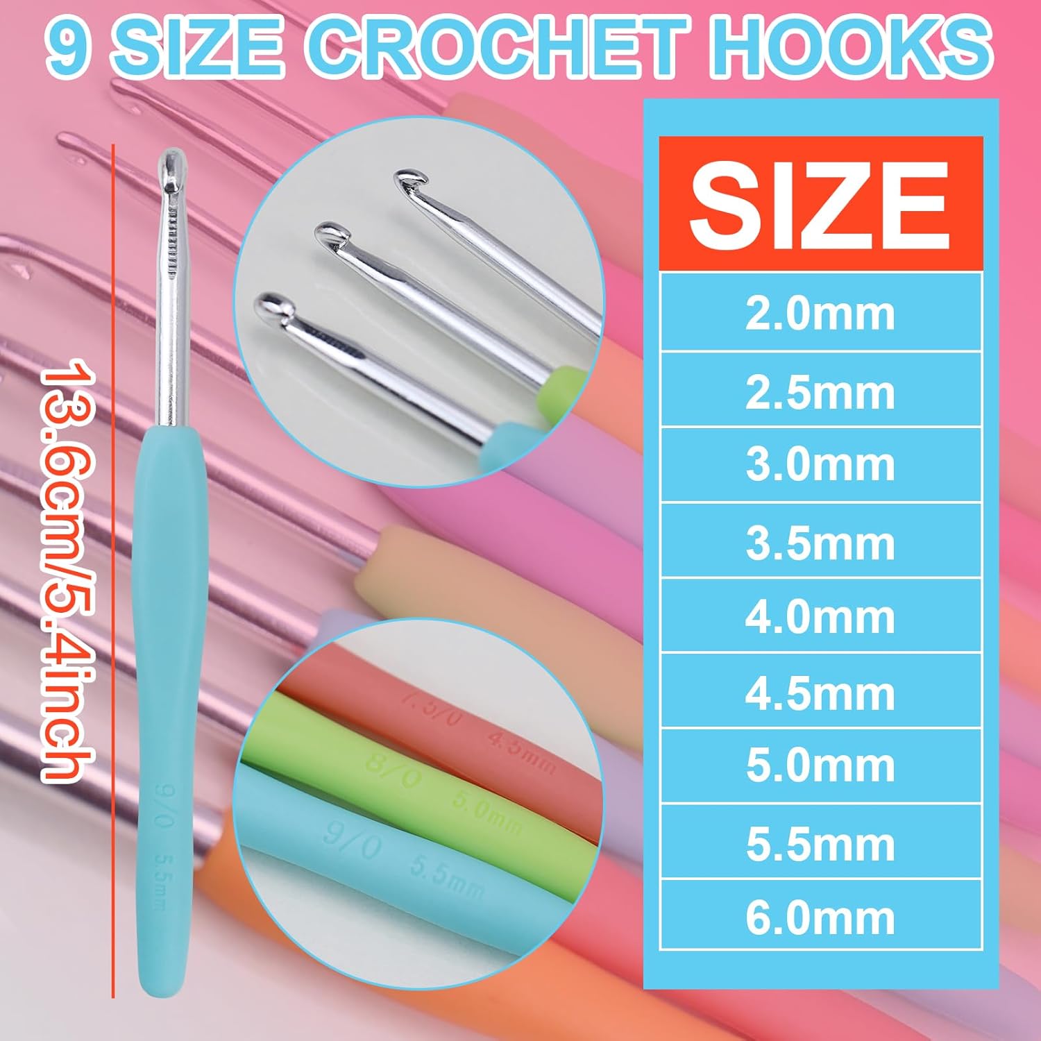 Crochet Hooks Set, 9 Pieces Aluminium Knitting Needles Kit Ergonomic Soft Grip Handle for Arthritic Hands with Tape Measure Stitch Marker and Sewing Needles