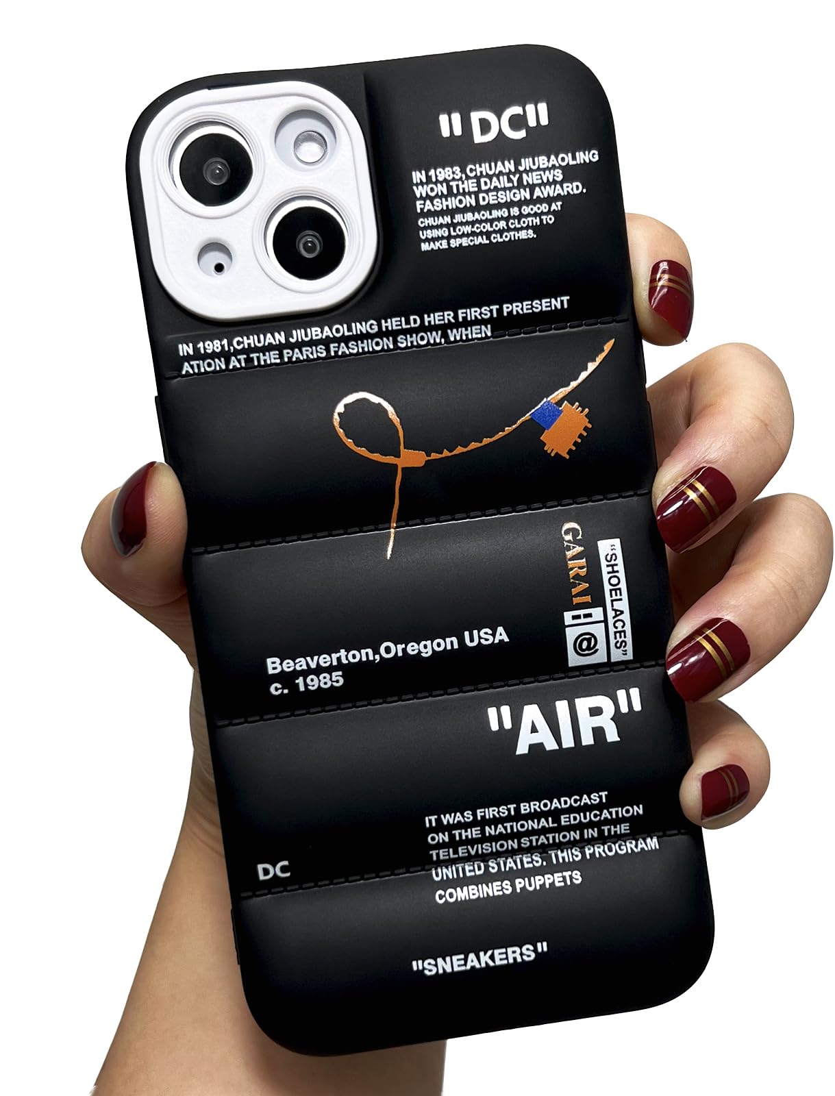 Sports Shoes Brand Puffer Silicone Phone Case for iPhone 13 Mini 5.4 inch, Sneakers Ins Classic Cool Label Pattern Soft TPU Full Body Protective Puffy Cover for iPhone 13 Mini(Black)