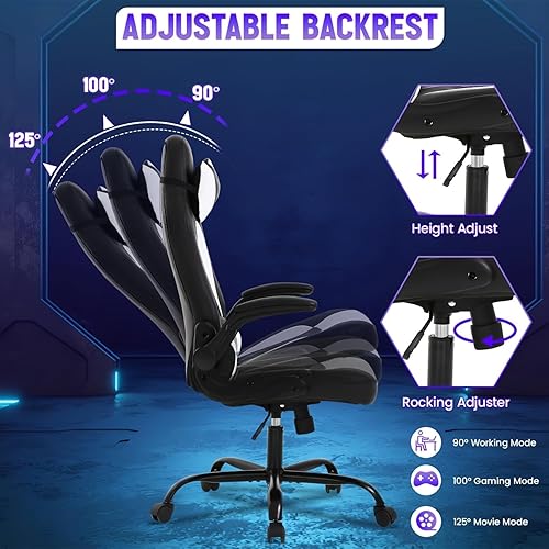 Miniatura 5 de Silla de juegos para PC, silla ergonómica de oficina de masaje ajustable en altura con giro de 360 grados, asiento ancho y reposacabezas, color