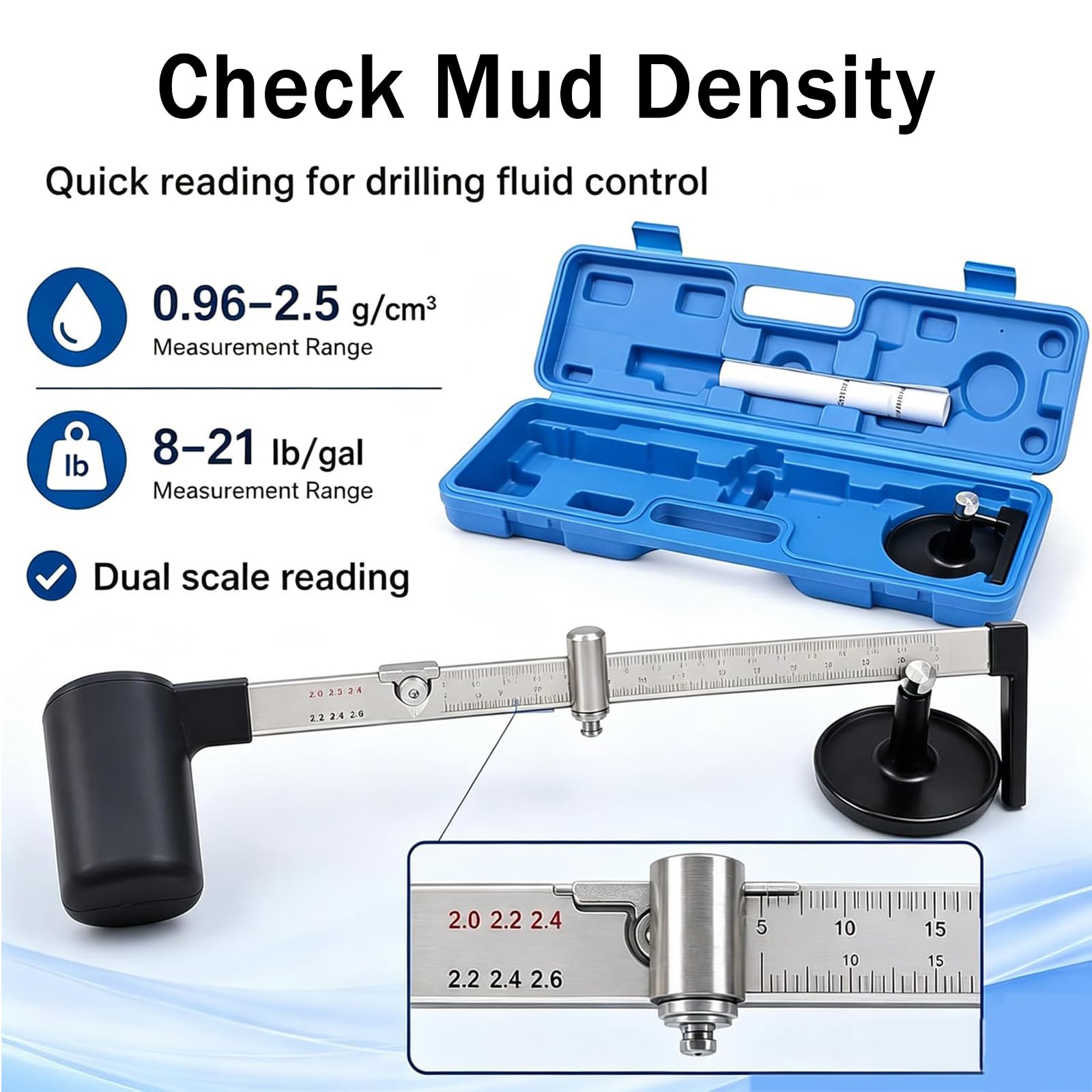 Balanza De Densidad para Lodos, Hidrómetro para Lodos, Rango De Hidrómetro De Lodos 0.96-2.5 G/cm³, Doble Escala, con Estuche De Transporte, para Pruebas De Lodos En Campo Y Laboratorio