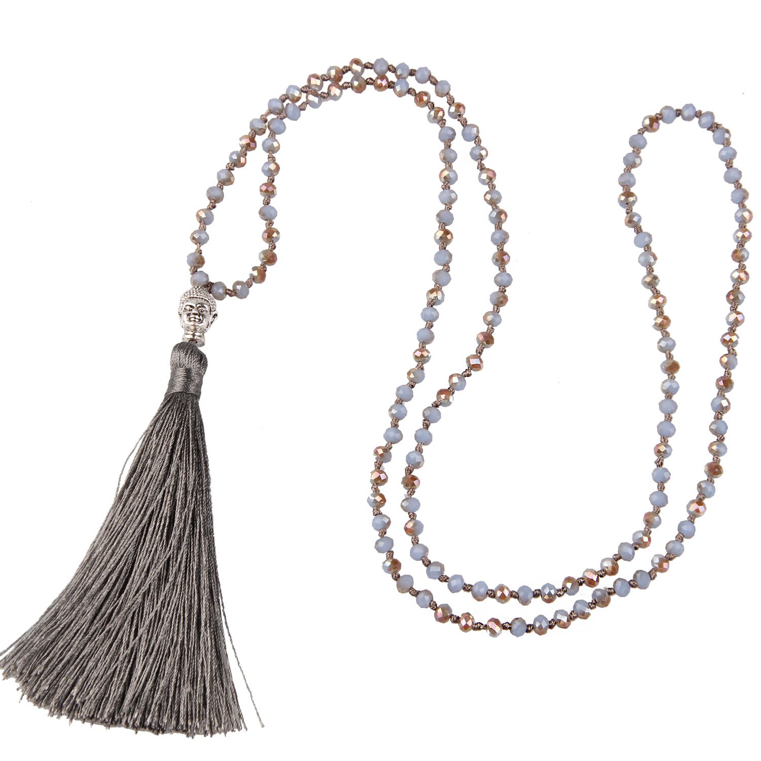 C·QAUN CHI Multi-Color Beaded Necklace Dainty Handmade Long Tassel Buddha Pendant Necklace Bohemian Women Statement Jewelry Gifts for Wife Girls Best Friends