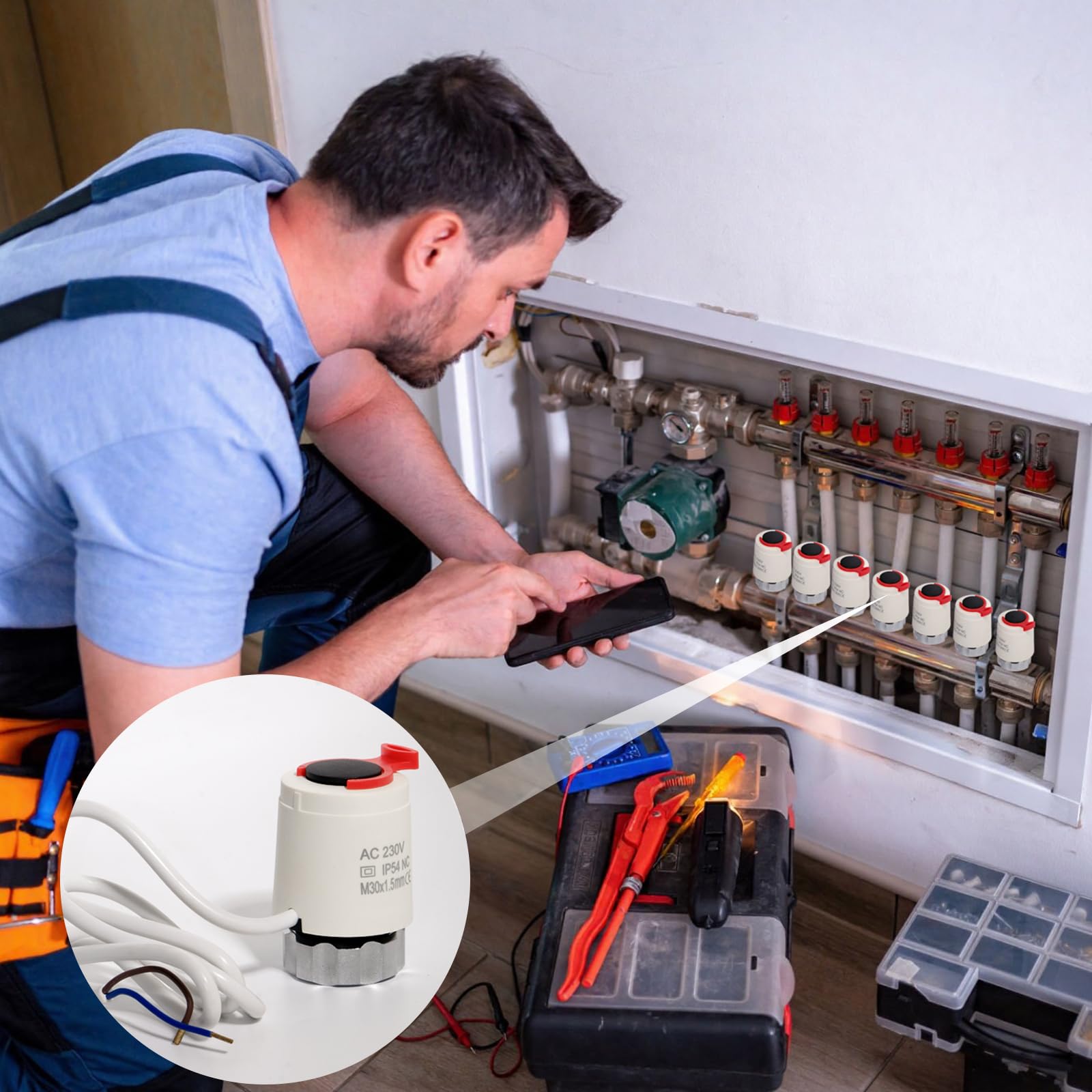 Termostat elektromagnetyczny ogrzewanie podłogowe 230 V M30 x 1,5 NC (zamknięty bez prądu), silnik regulacji VA80 do ogrzewania podłogowego(12)