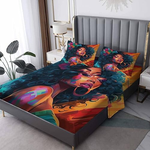 Miniatura 8 de Sábanas de mujer africana, tamaño matrimonial, sábanas tribales, sábanas y fundas de almohada estampadas de 4 piezas, sábana bajera ajustable de