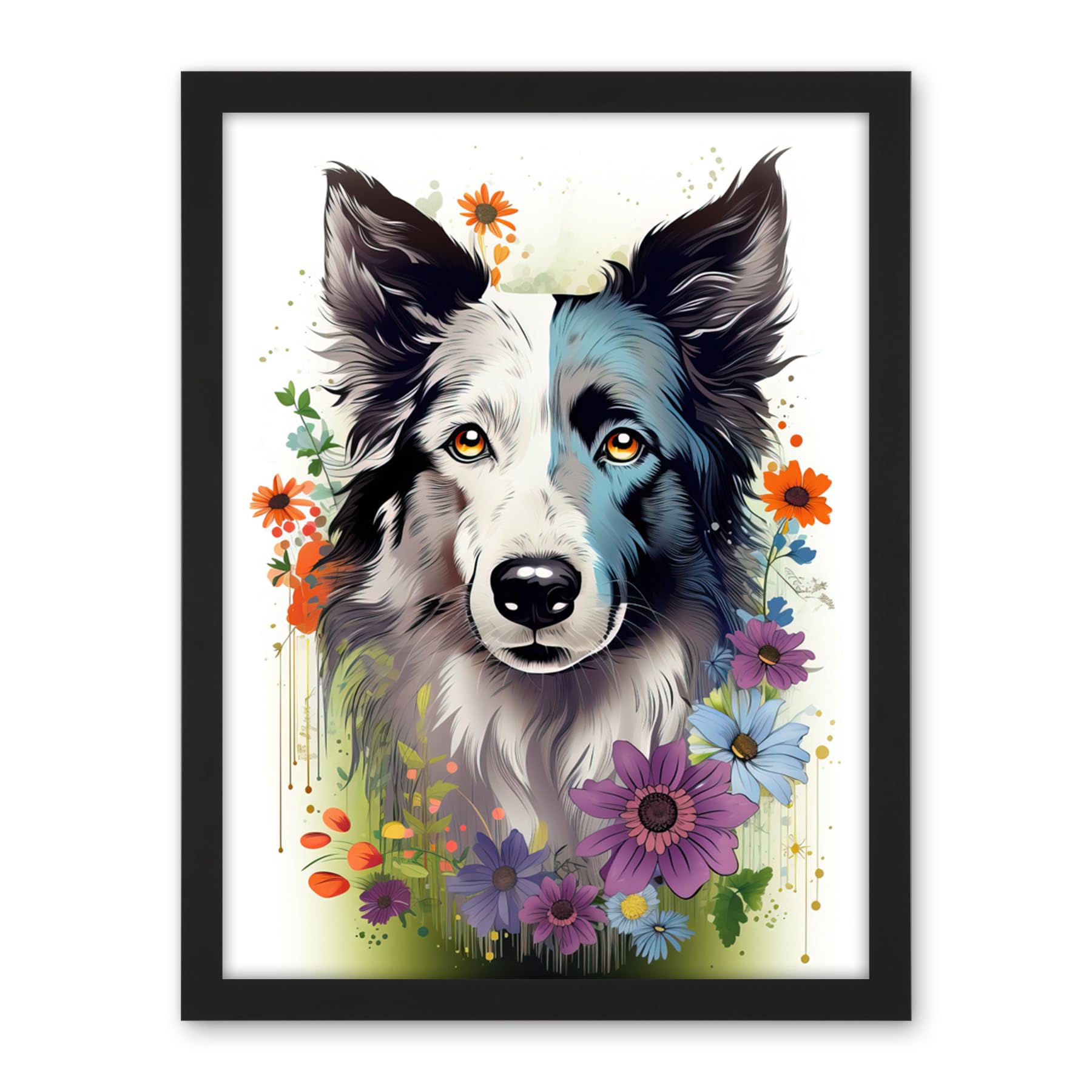 Artery8 Border Collie Dog Pict Scotland Blue Bawsant Face Bright Artwork Portrait with Wildflowers Artwork Framed Wall Art Print 18X24 Inch
