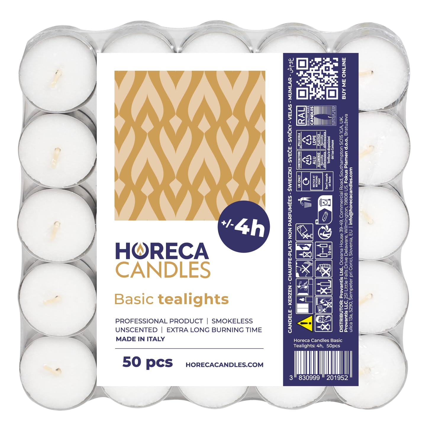 Horeca Candles - Velas de té Blancas - 4 Horas de Duración - Paquete de 50 Unidades - Candelitas Decorativas Sin Perfume - Para Boda, Relajación, Cumpleaños